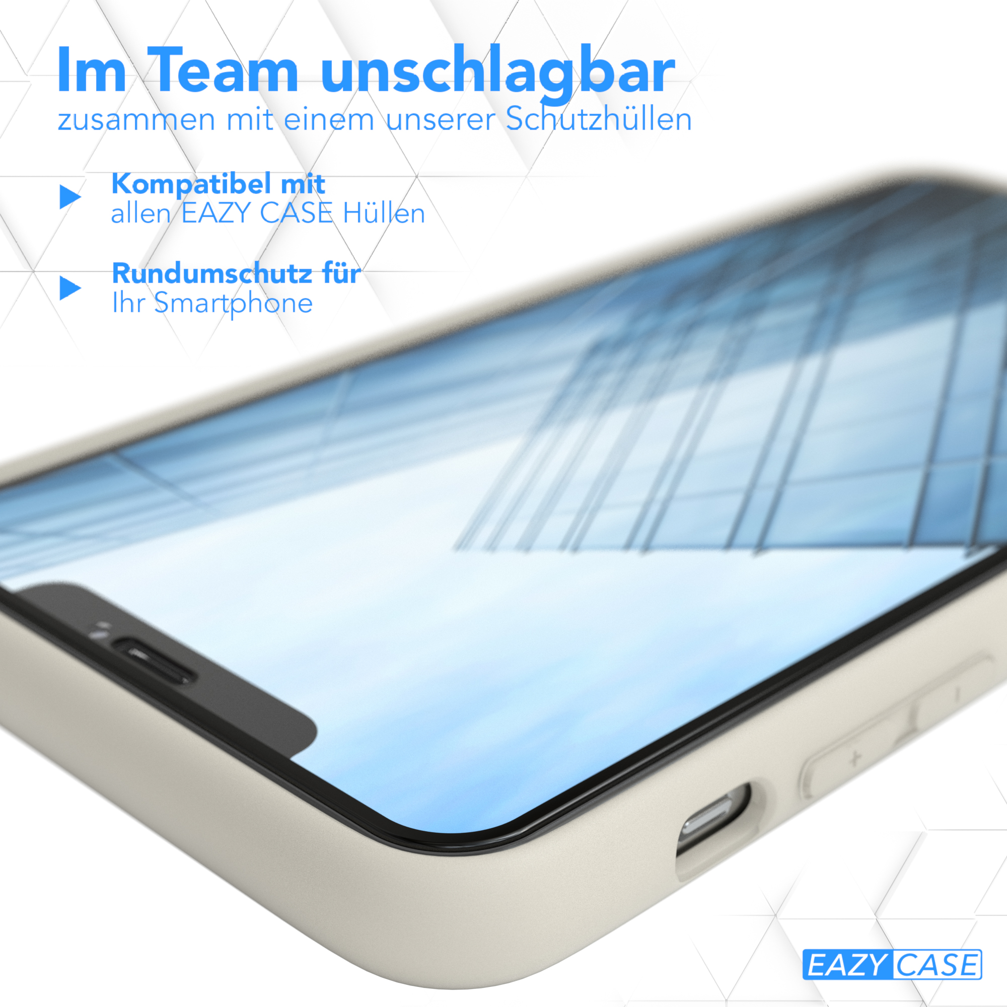 Ein Telefon in einer weißen Hülle wird gezeigt. Text sagt 'Im Team unschlagbar' und hebt den Schutz hervor.