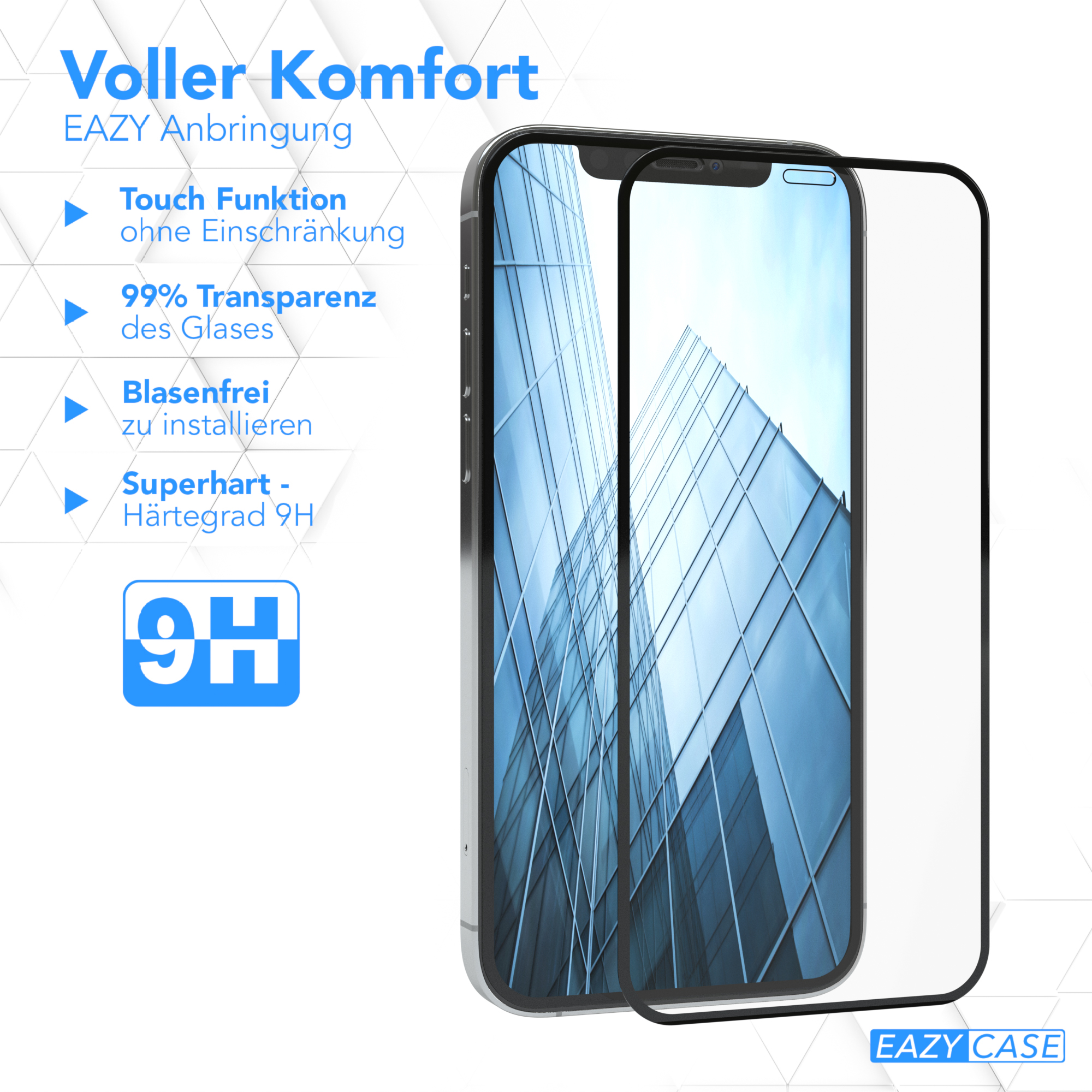 Ein Telefon mit aufgebrachter Displayschutzfolie, das den Bildschirm zeigt. Links ist eine Liste mit Funktionen.