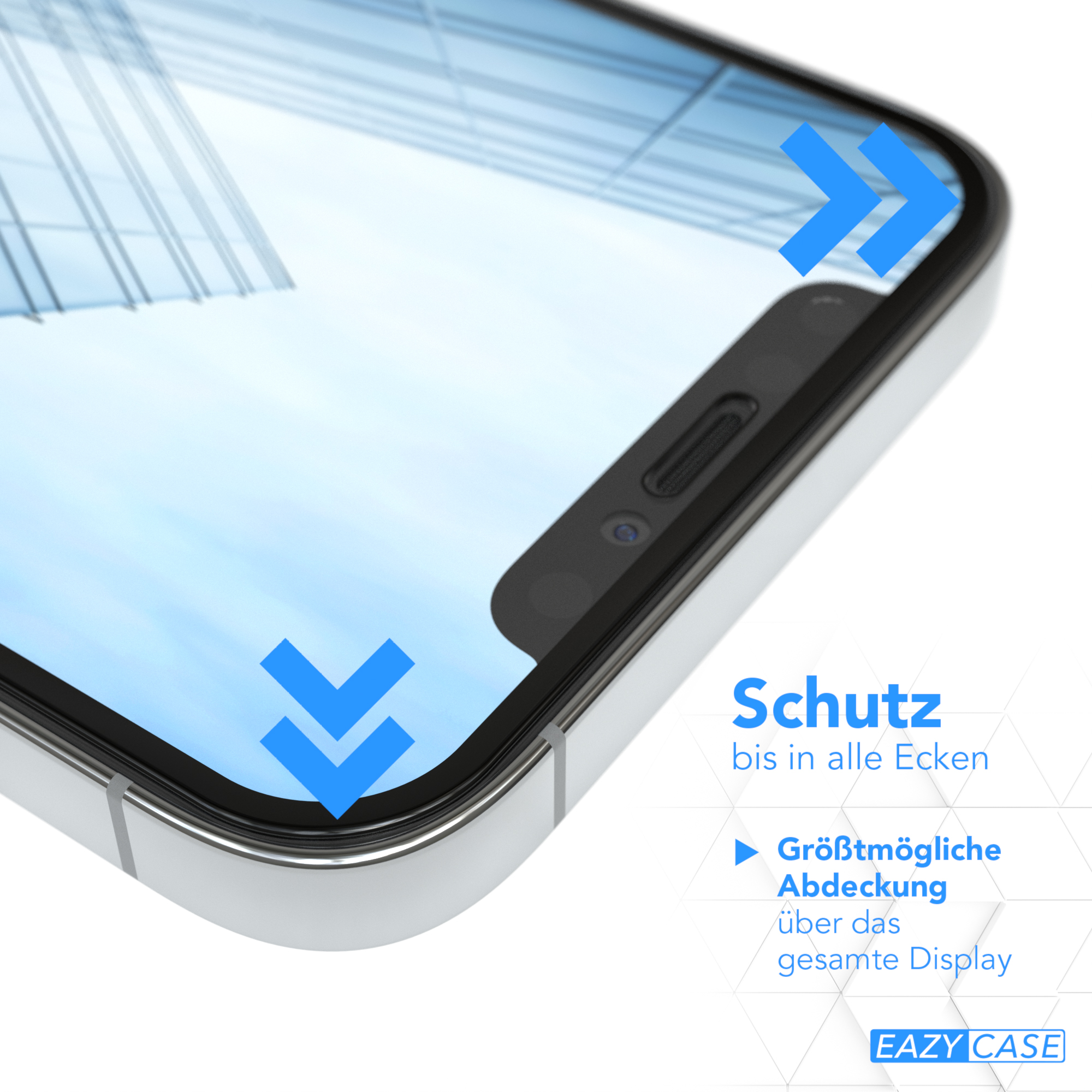 Eine Smartphone-Bildschirmschutzanwendung, mit blauen Pfeilen und einem Gebäude im Hintergrund.