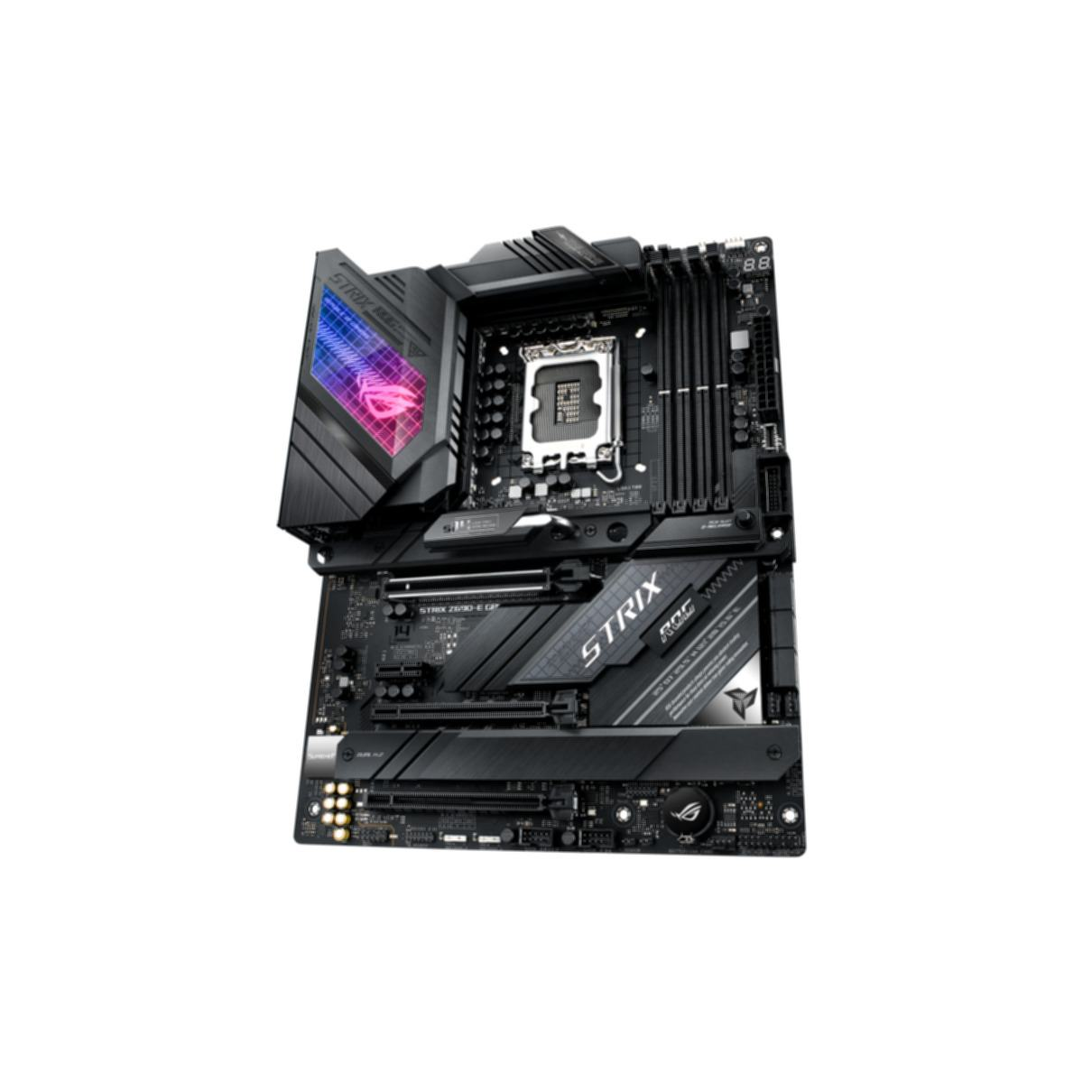 Czarna i szara płyta główna komputera na białym tle. Marka to ROG STRIX.