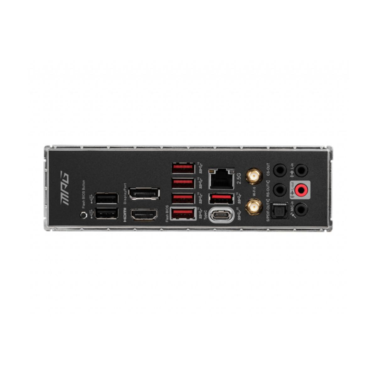 Retro di una scheda madre. Include varie porte e connettori, tra cui USB, audio e display.
