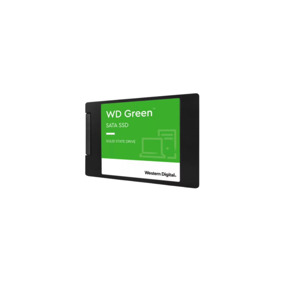 Un SSD WD Green nero e rettangolare con un'etichetta verde. L'etichetta mostra testo e icona del computer.