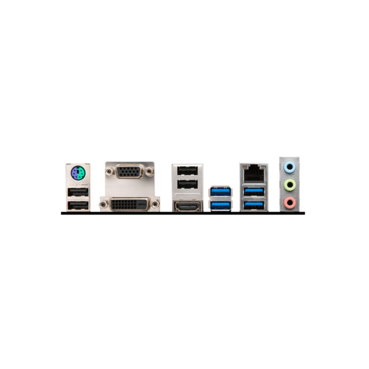 Panel trasero de una computadora con varios puertos, incluyendo USB, HDMI y audio.