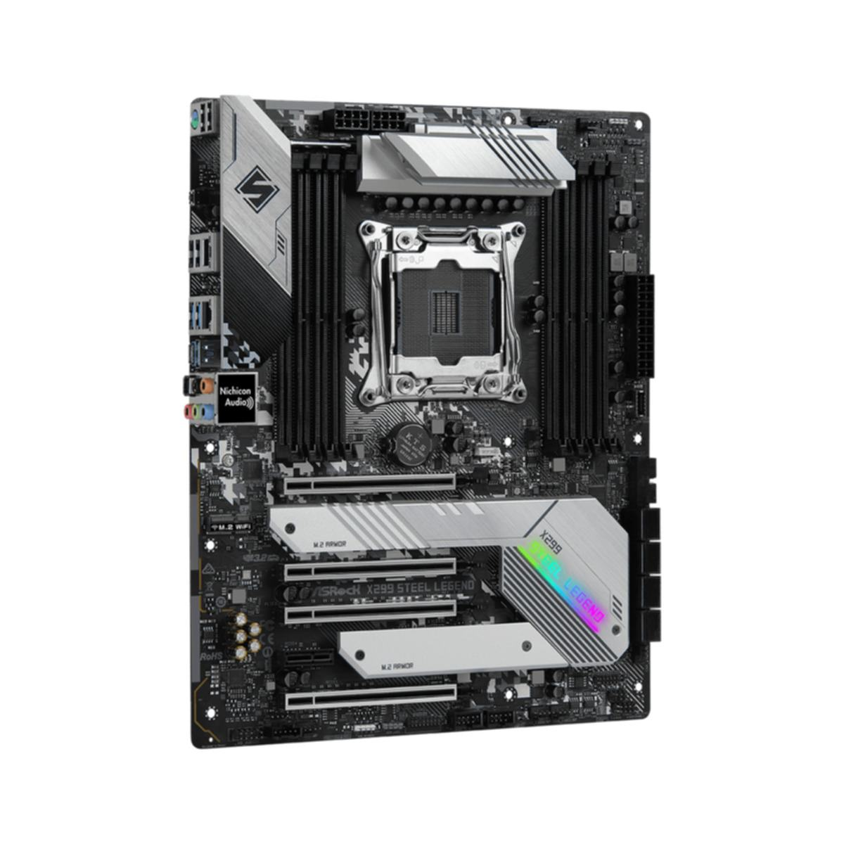 Schwarzes Motherboard mit silbernen Akzenten, isoliert auf weißem Hintergrund.