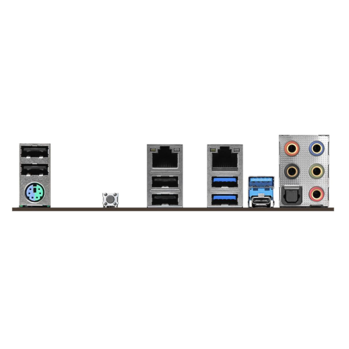 Rückseite des Motherboards mit verschiedenen Anschlüssen: USB, Ethernet, Audiobuchsen und PS/2-Anschluss.