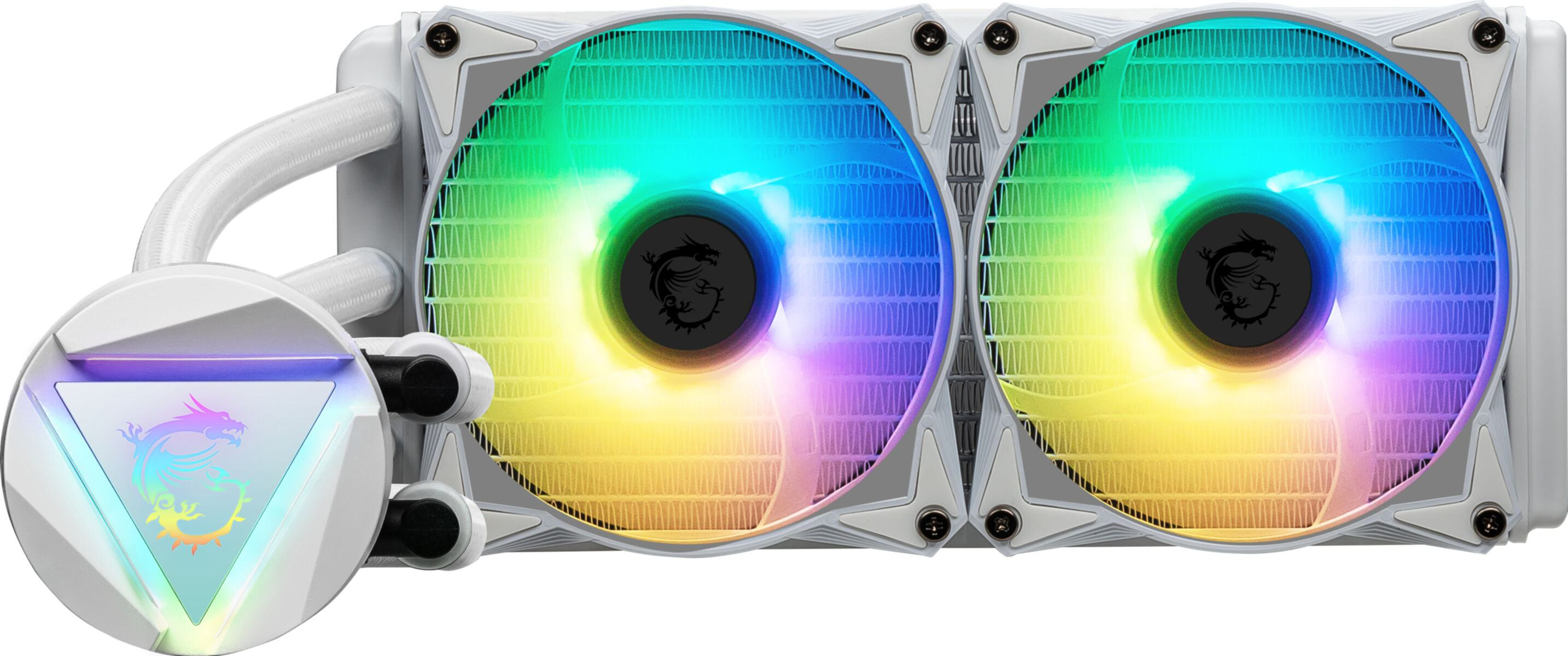 Enfriador líquido MSI con dos ventiladores. Los ventiladores tienen efecto arcoíris. El enfriador es blanco.