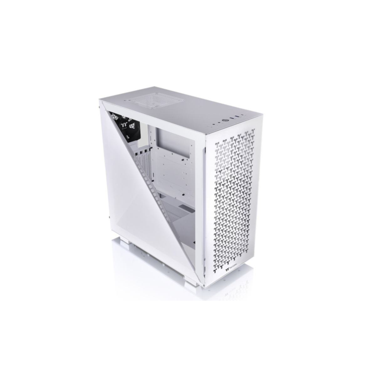 Cam yan panelli beyaz PC kasası. Delikli ön panel.