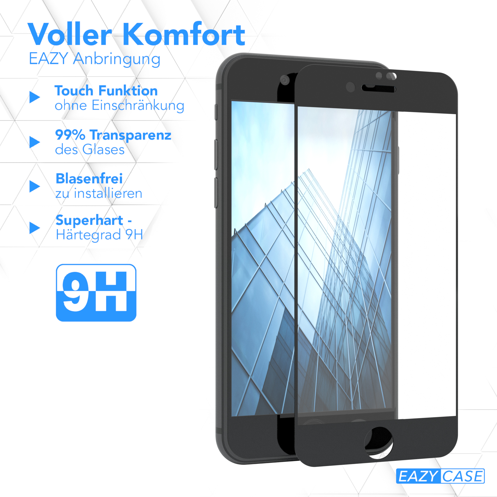 Displayschutzfolie auf einem schwarzen Telefon, mit Text über Funktionen und einem 9H-Label.