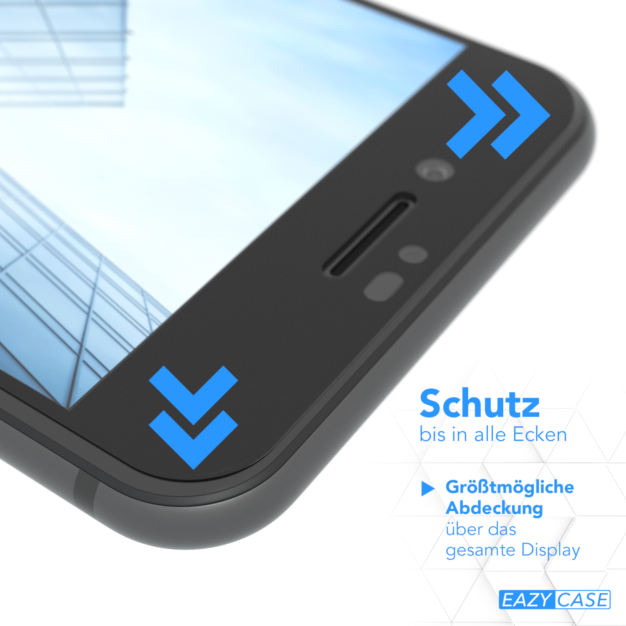 Ein schwarzes Smartphone mit blauen Pfeilen und Text, der Bildschirmschutzfunktionen anzeigt.