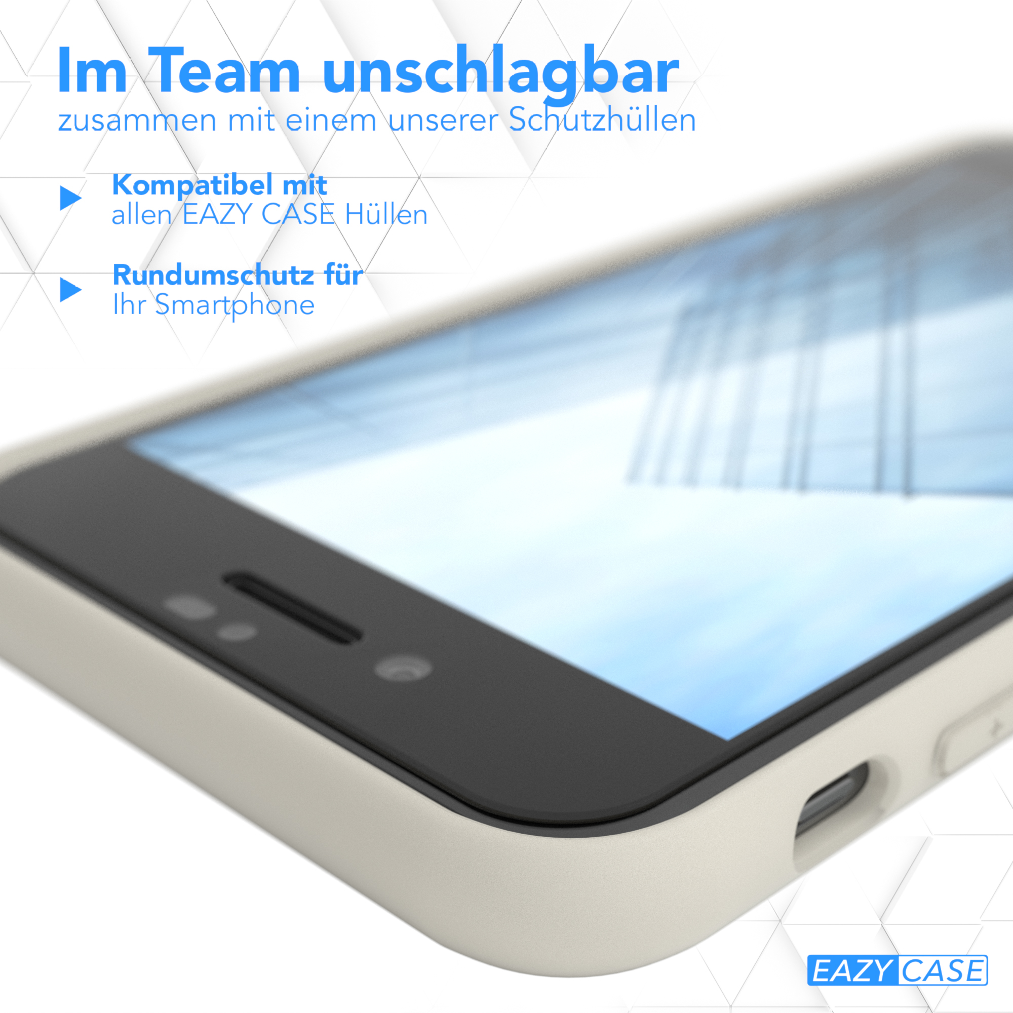 Nahaufnahme eines weißen Smartphones mit Text über Handyhüllen und Branding. Weißer Hintergrund.