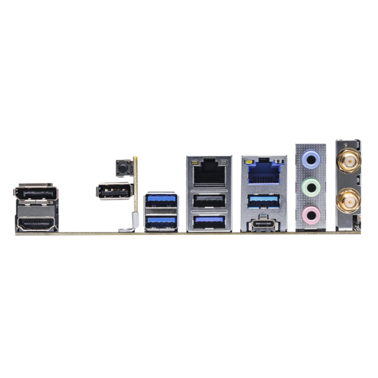 Pannello posteriore della scheda madre del computer con varie porte: HDMI, USB, LAN, jack audio e antenna.