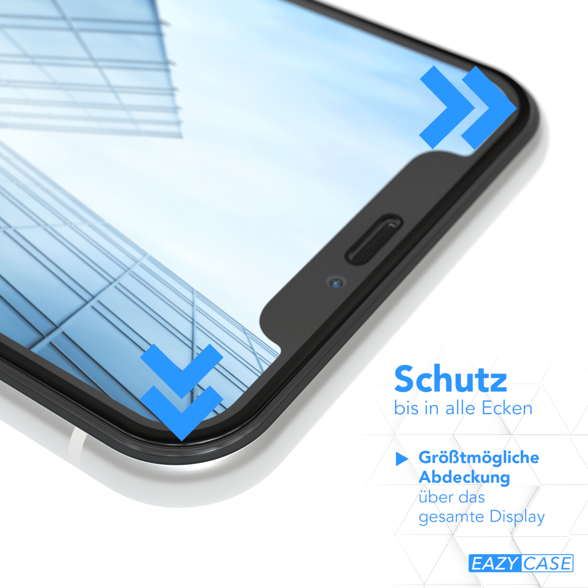Smartphone-Bildschirm mit blauen Pfeilen. Text: 'Schutz bis in alle Ecken'.