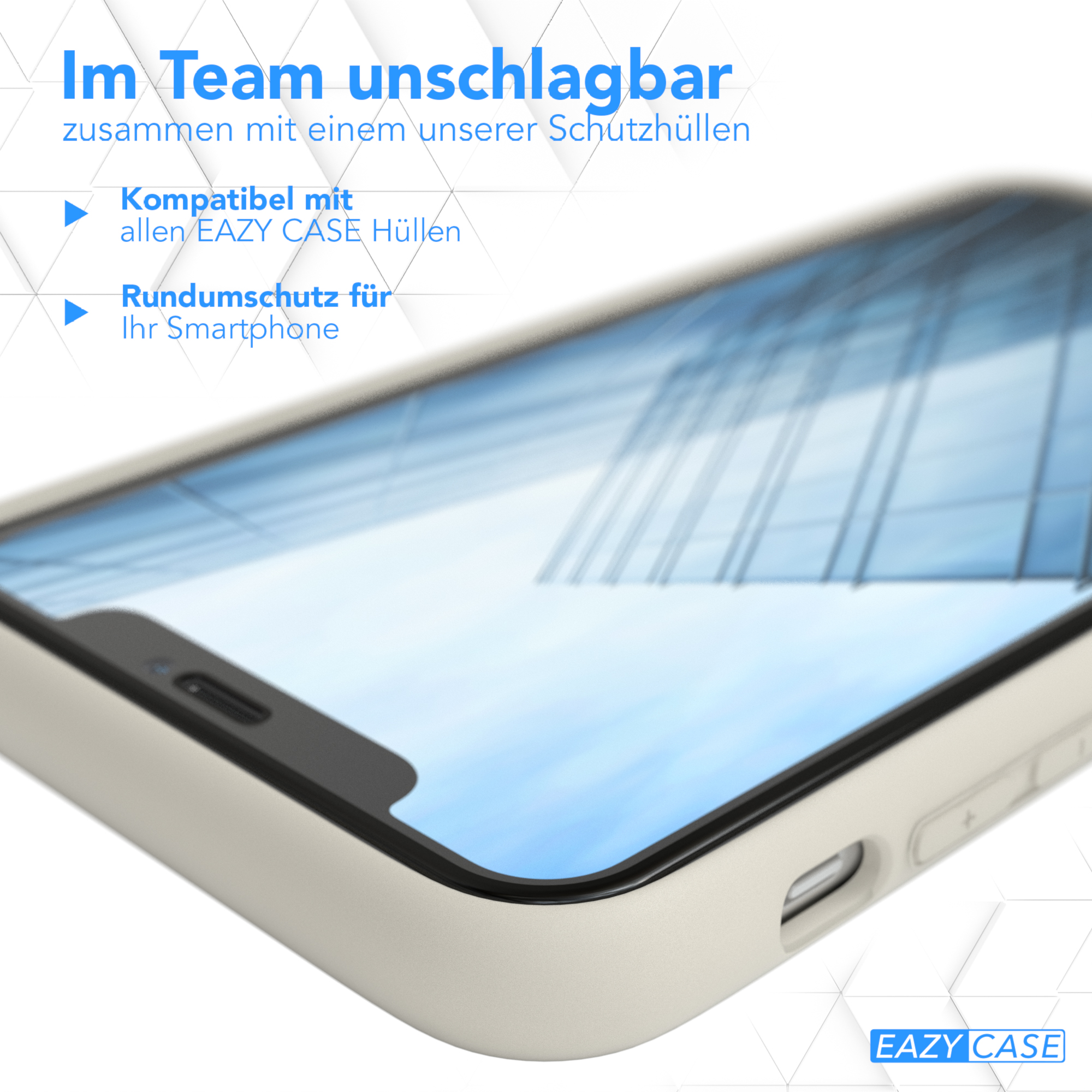 Nahaufnahme eines Telefons in weißer Hülle. Text: 'Im Team unschlagbar'.