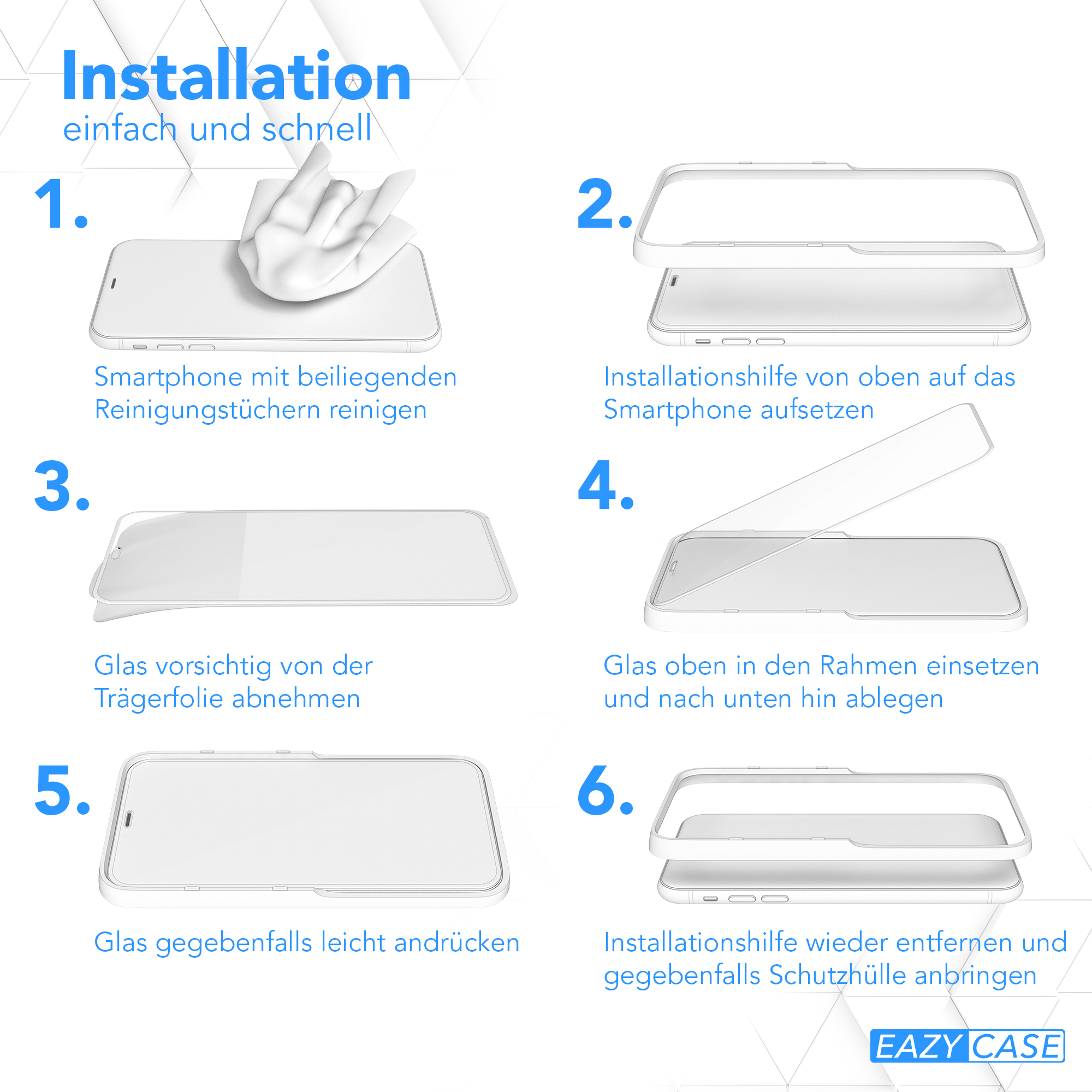 Installationsschritte für einen Displayschutz: Telefon reinigen, Führung platzieren, Glas entfernen, Glas aufsetzen, Führung entfernen.