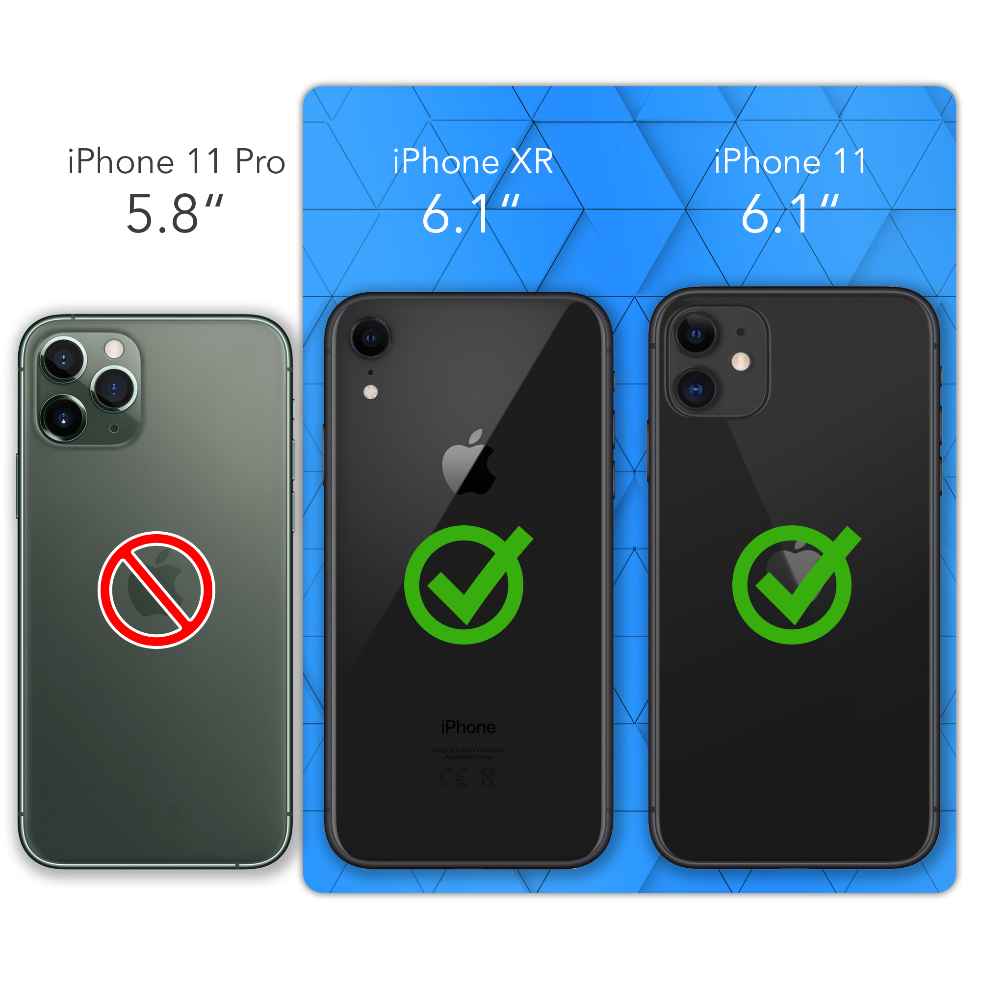 Drei iPhones gezeigt, XR und 11 kompatibel, 11 Pro nicht kompatibel.