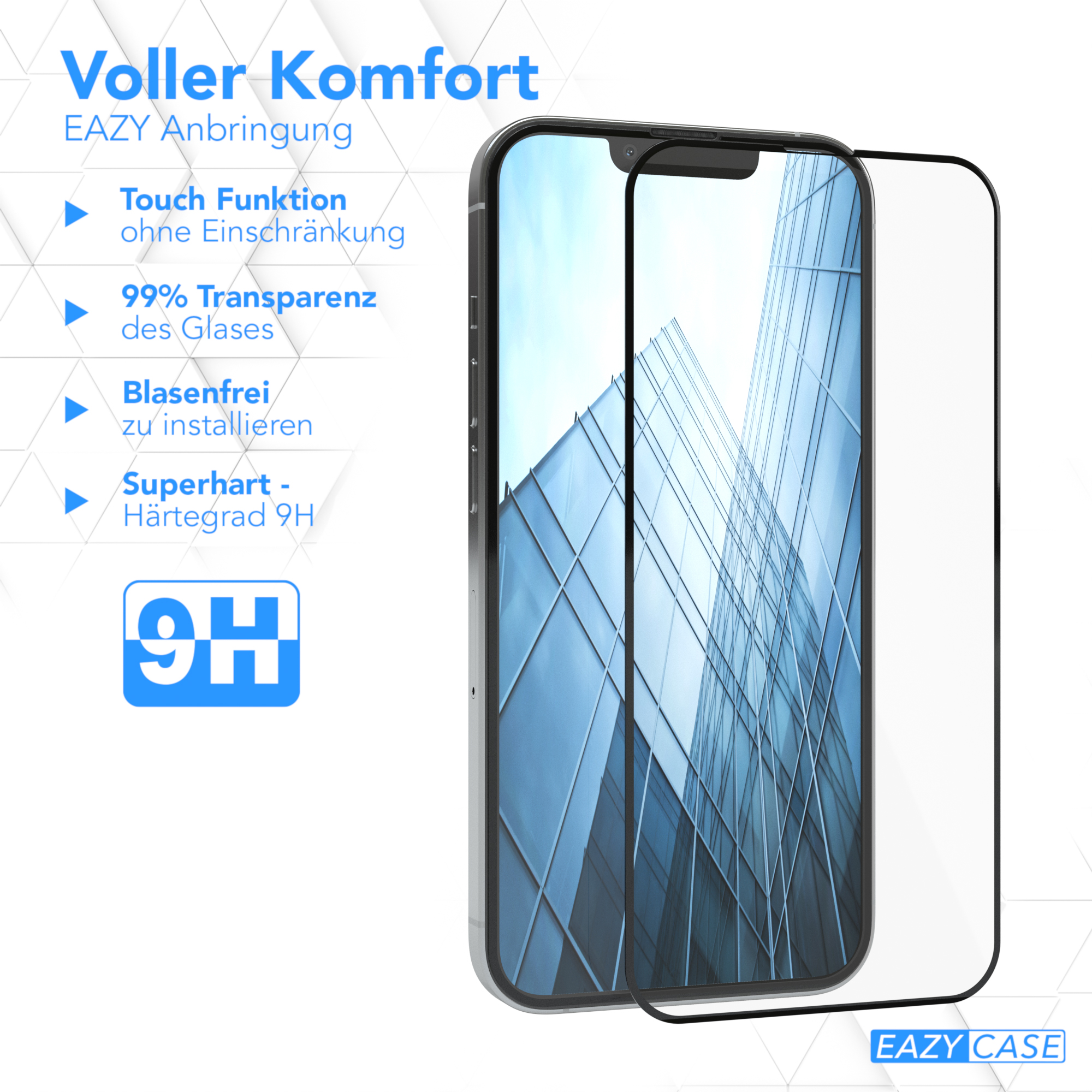 Handy-Displayschutz. Bildschirm zeigt Stadt. Text hebt Merkmale hervor. Hintergrund: Oberfläche.