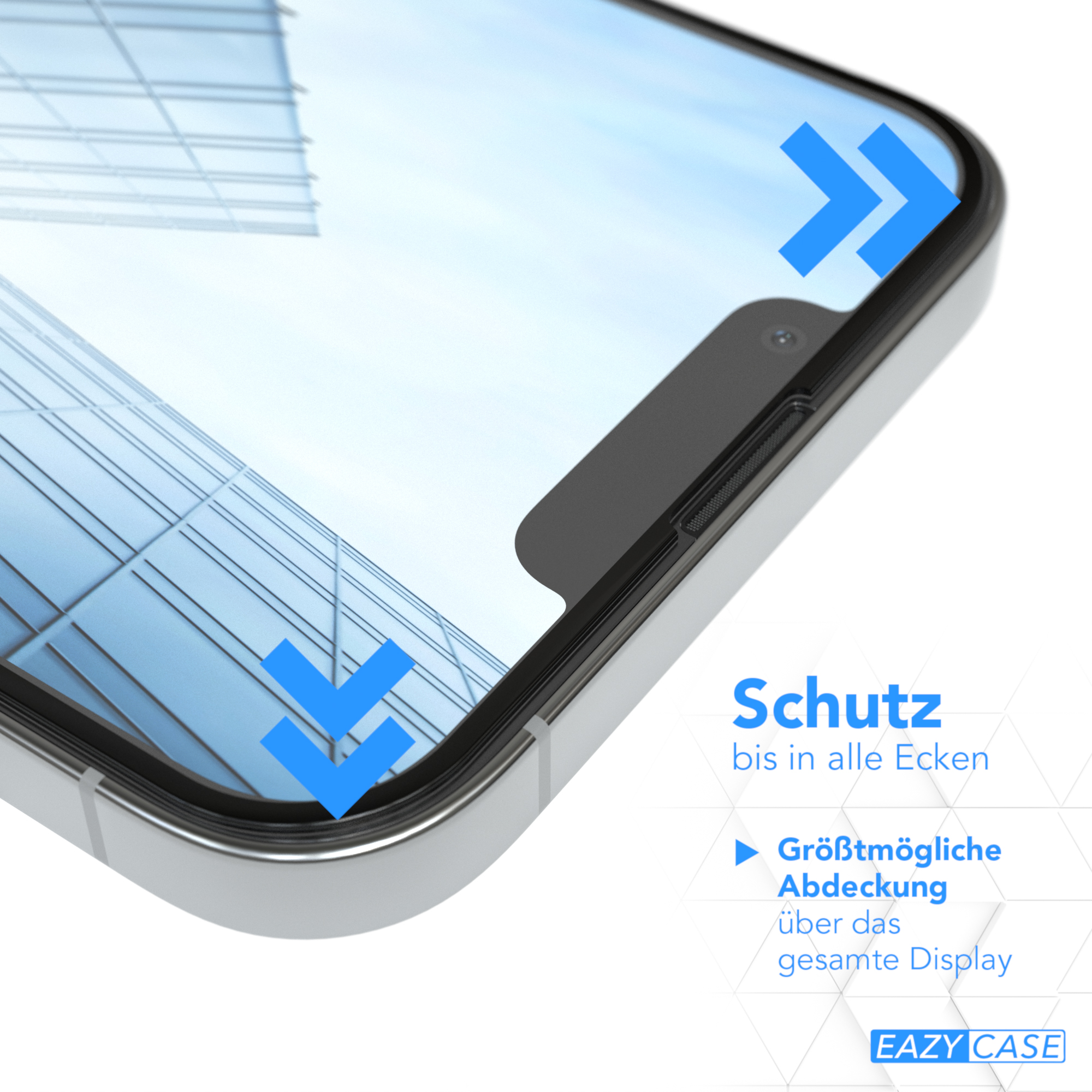 Ein Telefonbildschirm mit Text und Pfeilen. Ein blauer Pfeil zeigt auf die Oberseite des Bildschirms.