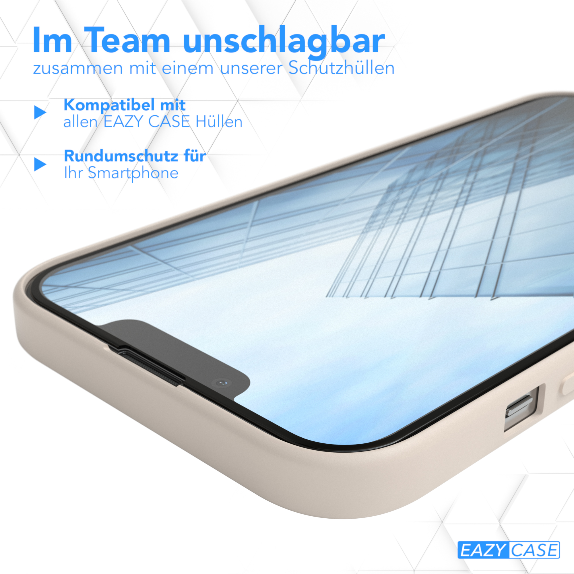 Telefon in cremefarbenem Case, unten steht 'EAZY CASE'.
