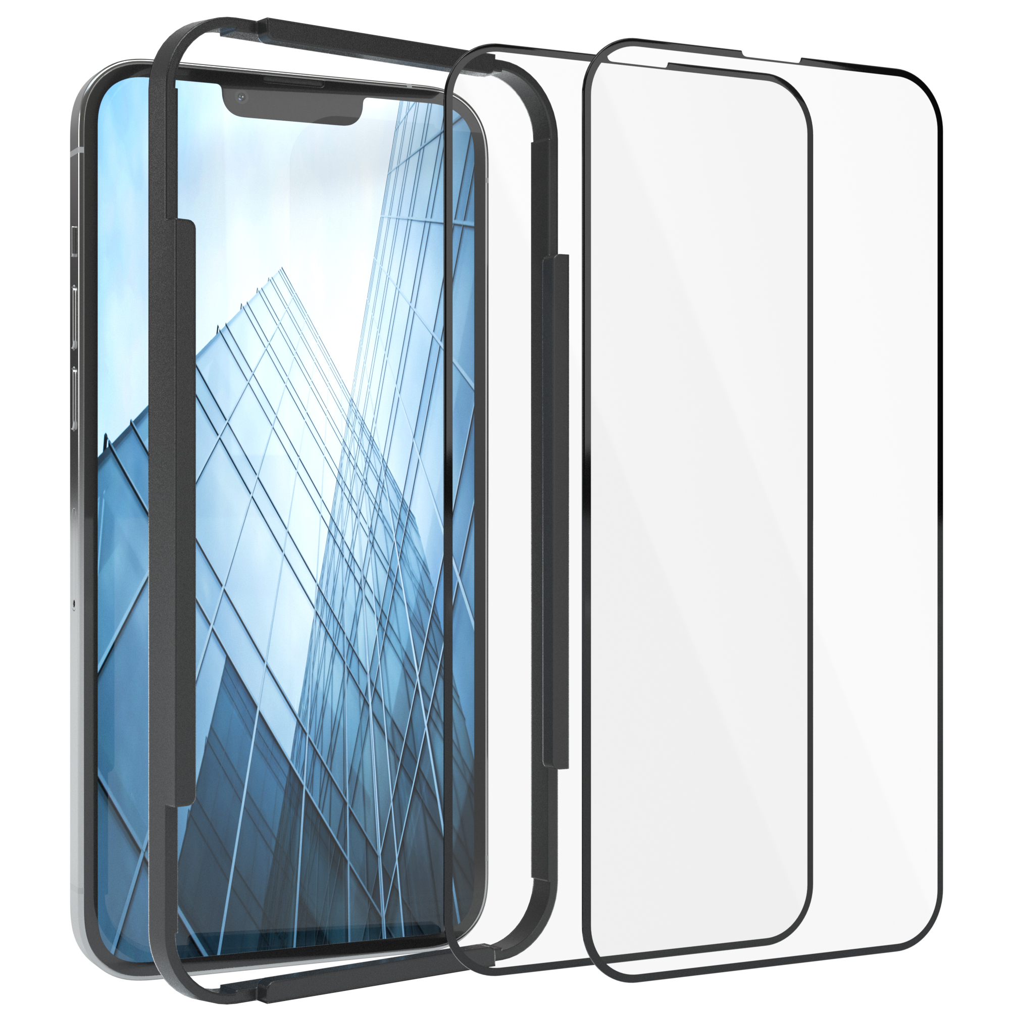 Telefon mit Schutzhülle und Displayschutzfolien, vor Gebäudehintergrund.