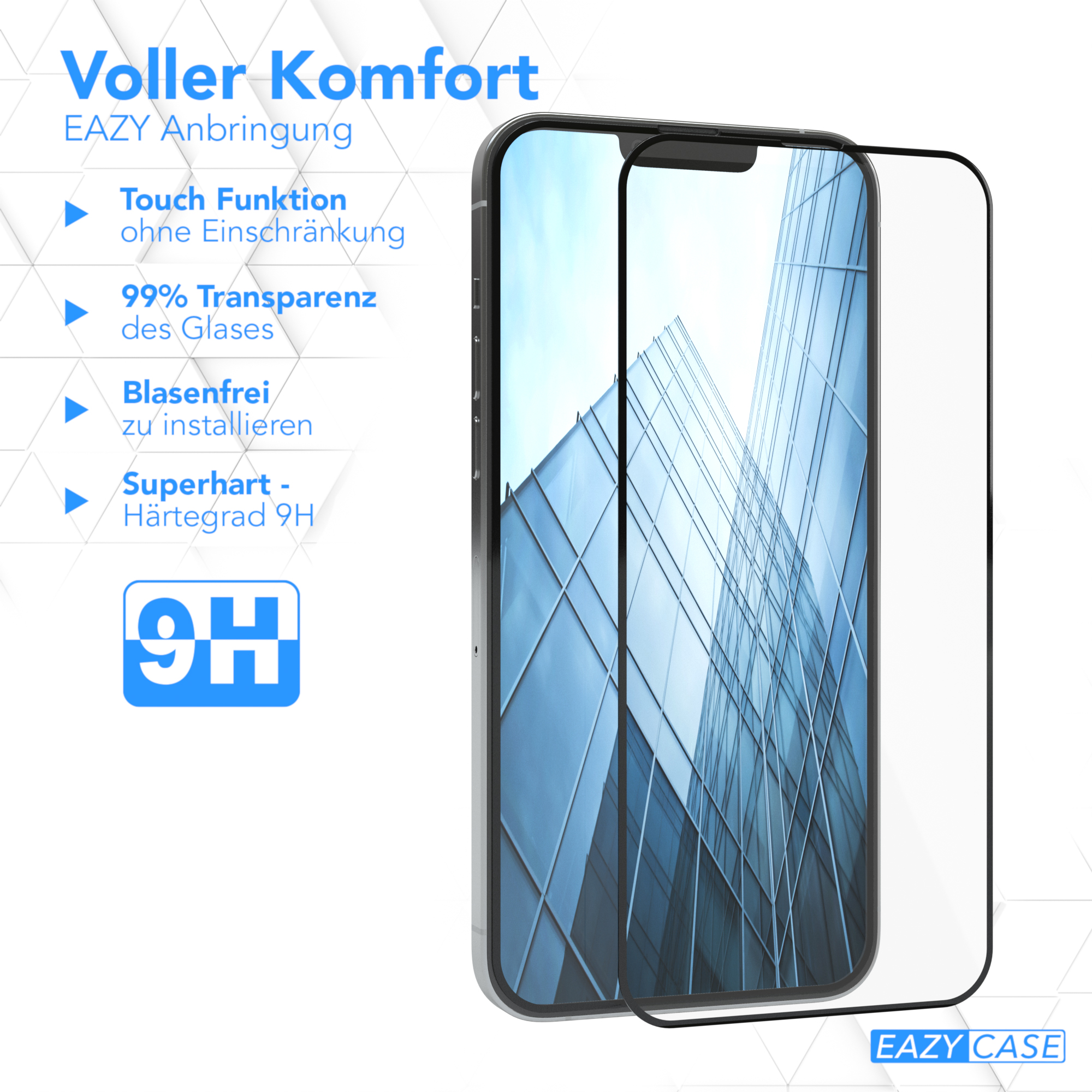 Handy-Displayschutz mit Beschriftungen. Text: 'Voller Komfort' und Eigenschaften.