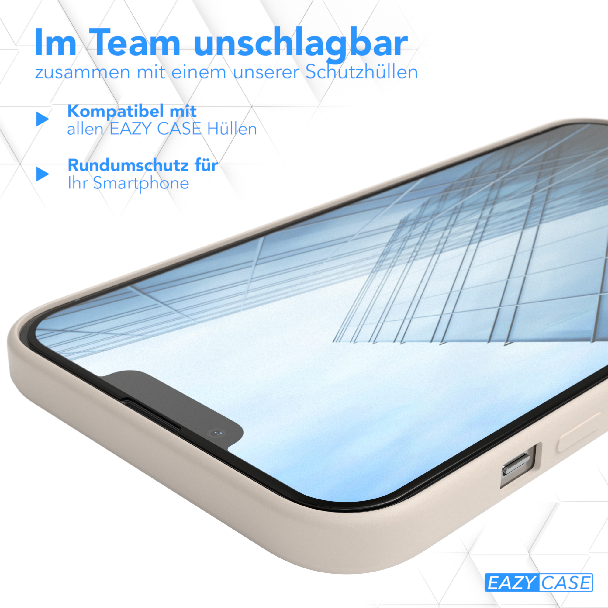 Beige Handyhülle auf einem Telefon. Text sagt 'EAZY CASE' und deutsche Sätze.
