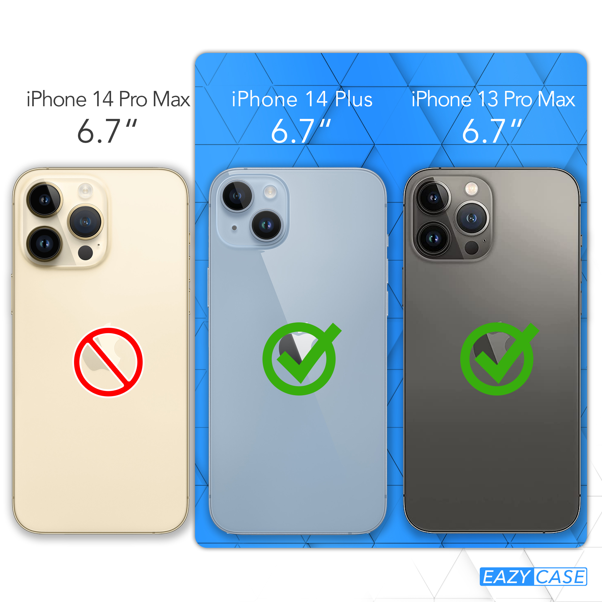 Vergleich von drei iPhones. Das iPhone 14 Pro Max ist durchgestrichen. iPhone 14 Plus und 13 Pro Max sind geprüft.