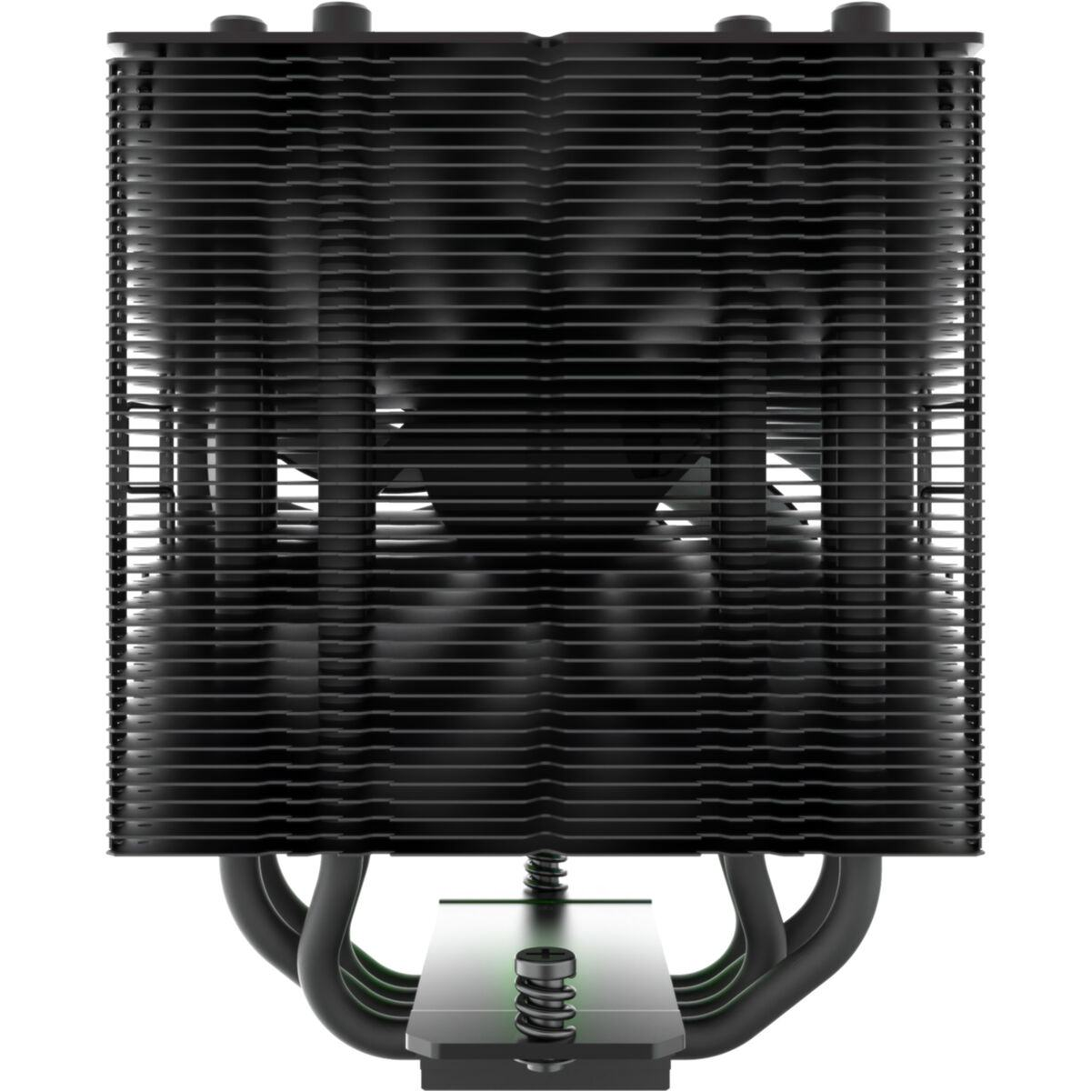Schwarzer Computerkühler mit großem Lamellenarray und vier Heatpipes. Weißer Hintergrund.
