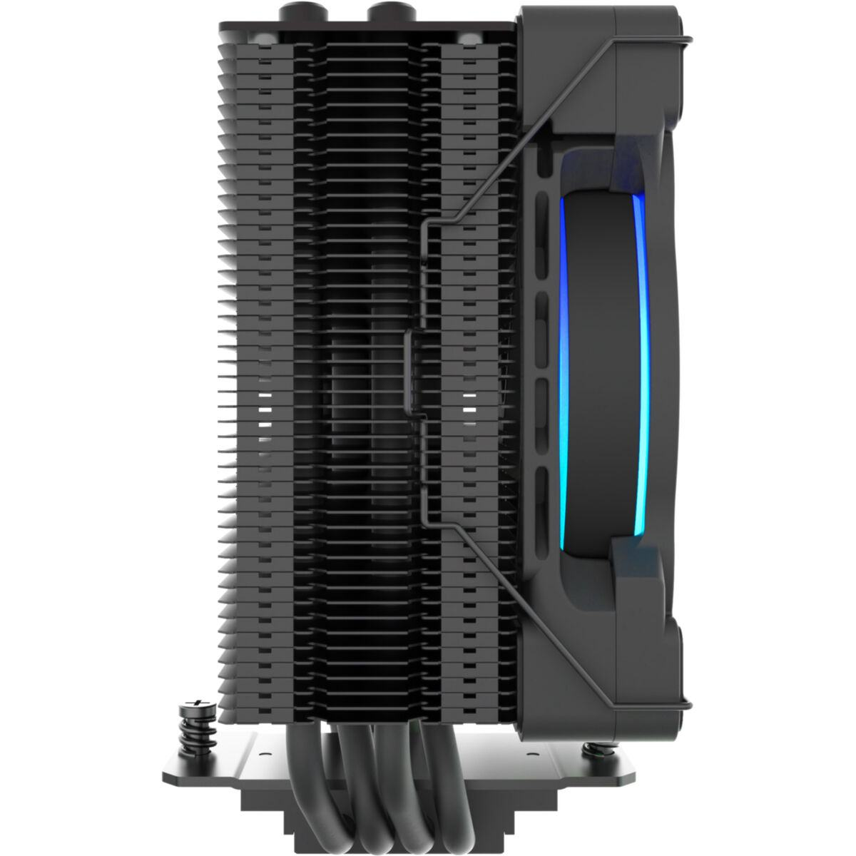 Schwarzer CPU-Kühler mit mehreren Lamellen und einem Lüfter mit blauer Beleuchtung. Seitenansicht.