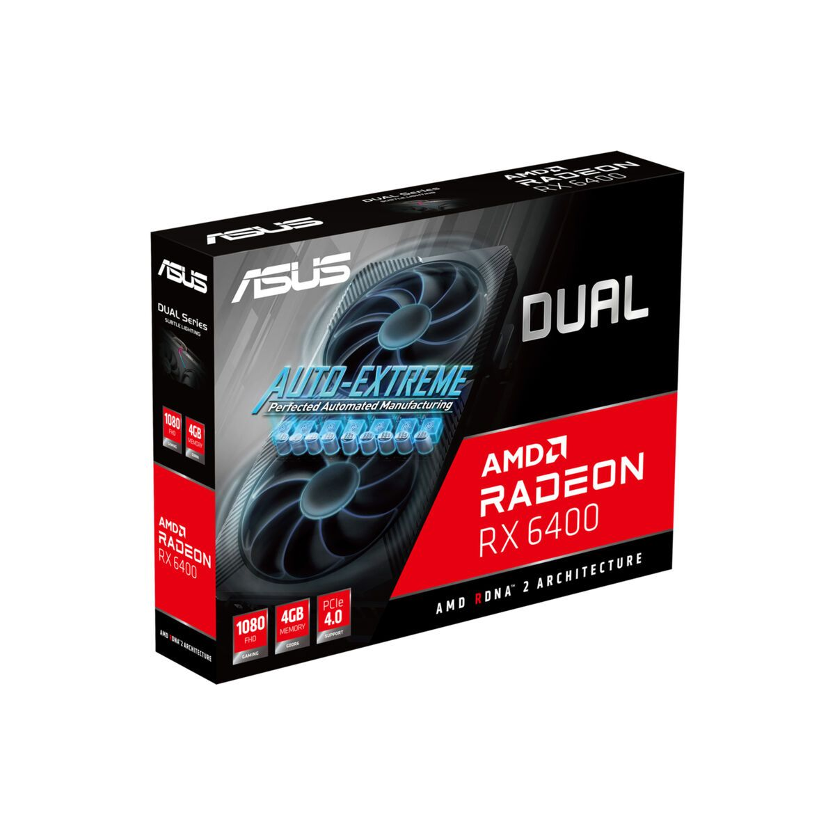 Scatola della scheda grafica con AMD Radeon RX 6400 su sfondo bianco.