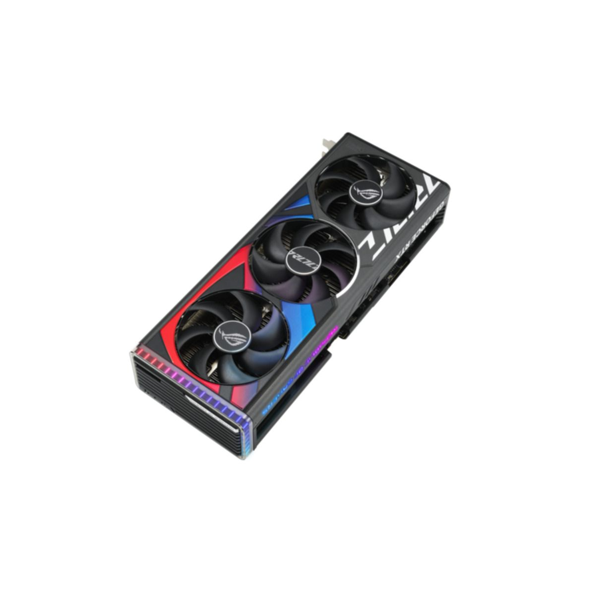 Scheda grafica. Una scheda grafica con tre ventole, luci colorate e il marchio ROG.
