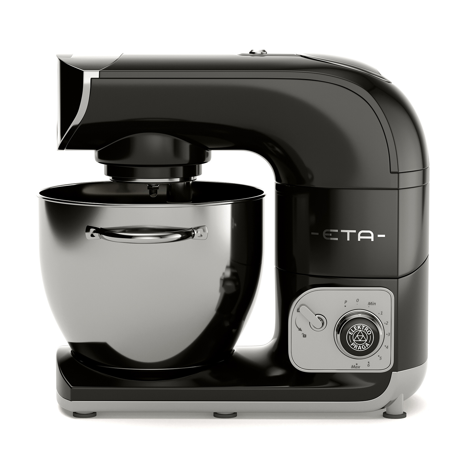 Schwarz-silberner Küchenmixer, mit Edelstahl-Schüssel und Bedienelementen.