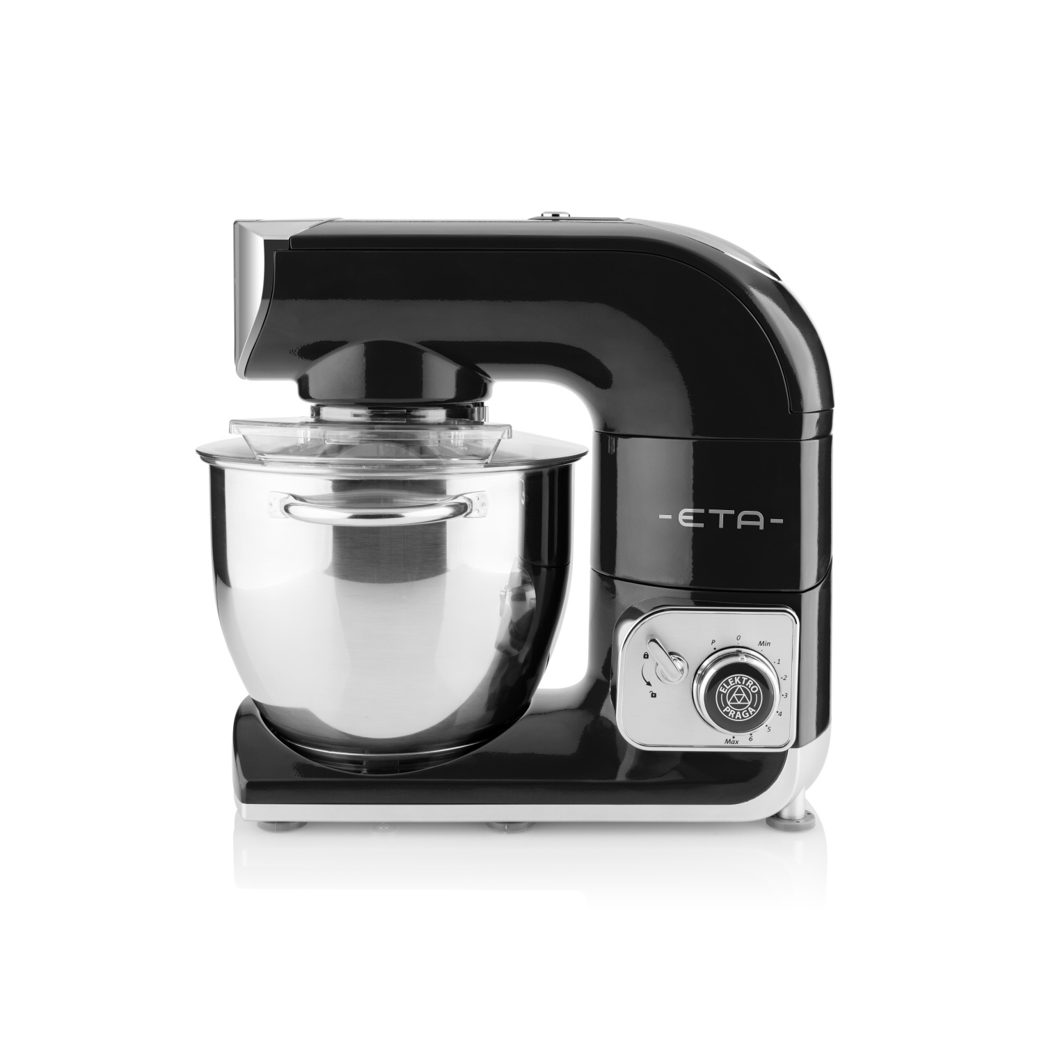 Ein schwarzer Küchen-Standmixer mit einer Edelstahlschüssel. Die Marke ETA ist sichtbar.