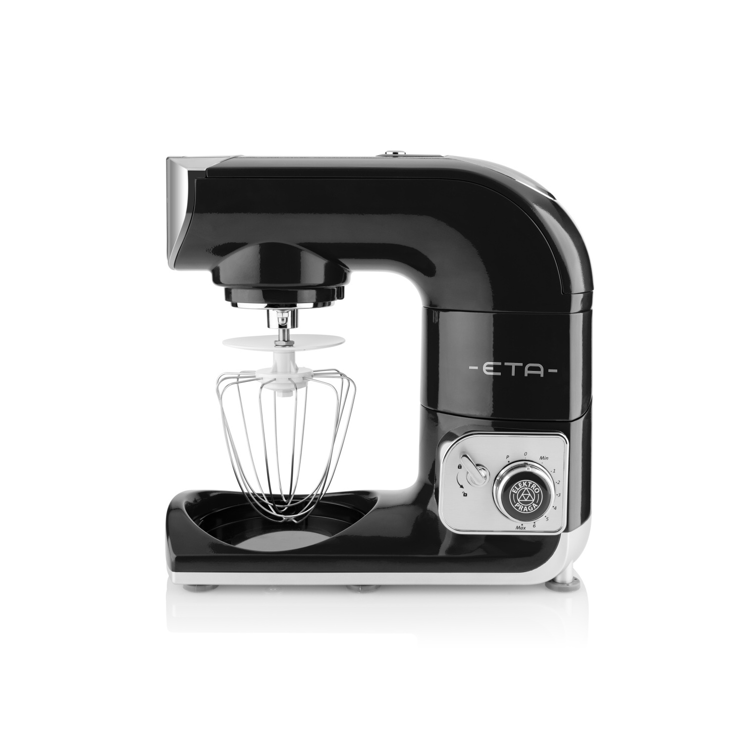 Schwarz-weißer Küchenmixer mit Schüsselaufsatz und Bedienfeld.