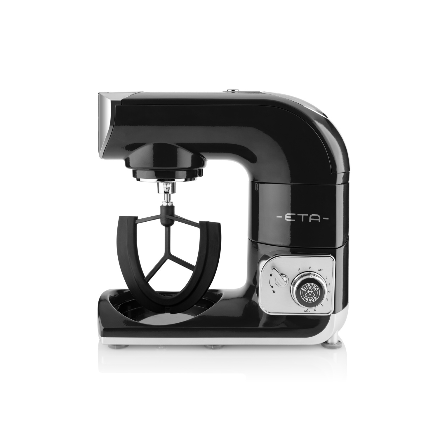 Schwarz-silberner Küchenmixer. Glänzendes schwarzes Gehäuse. Weißer Hintergrund.