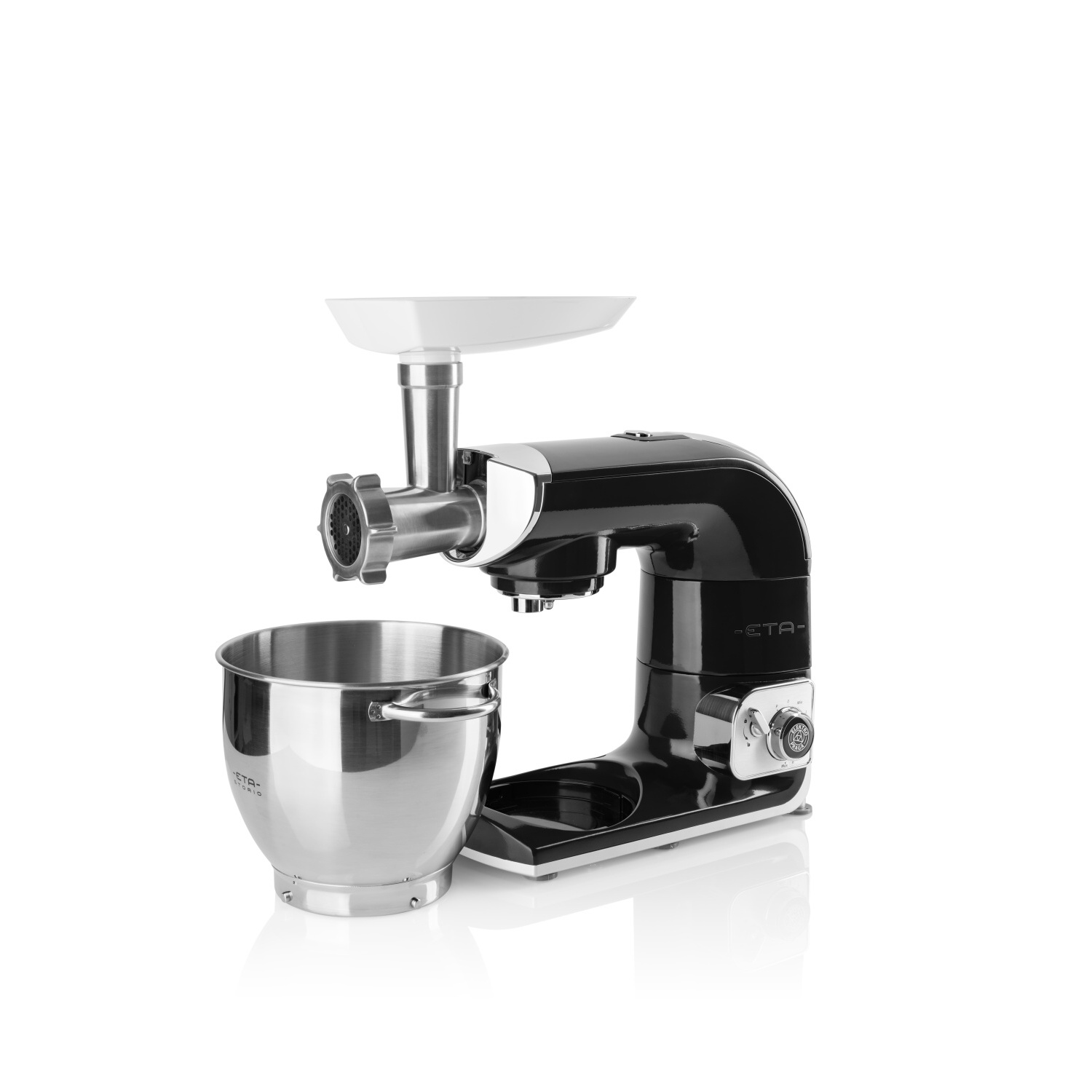 Schwarze Küchenmaschine mit Mahlwerk, Rührschüssel und Fleischwolf-Aufsatz.