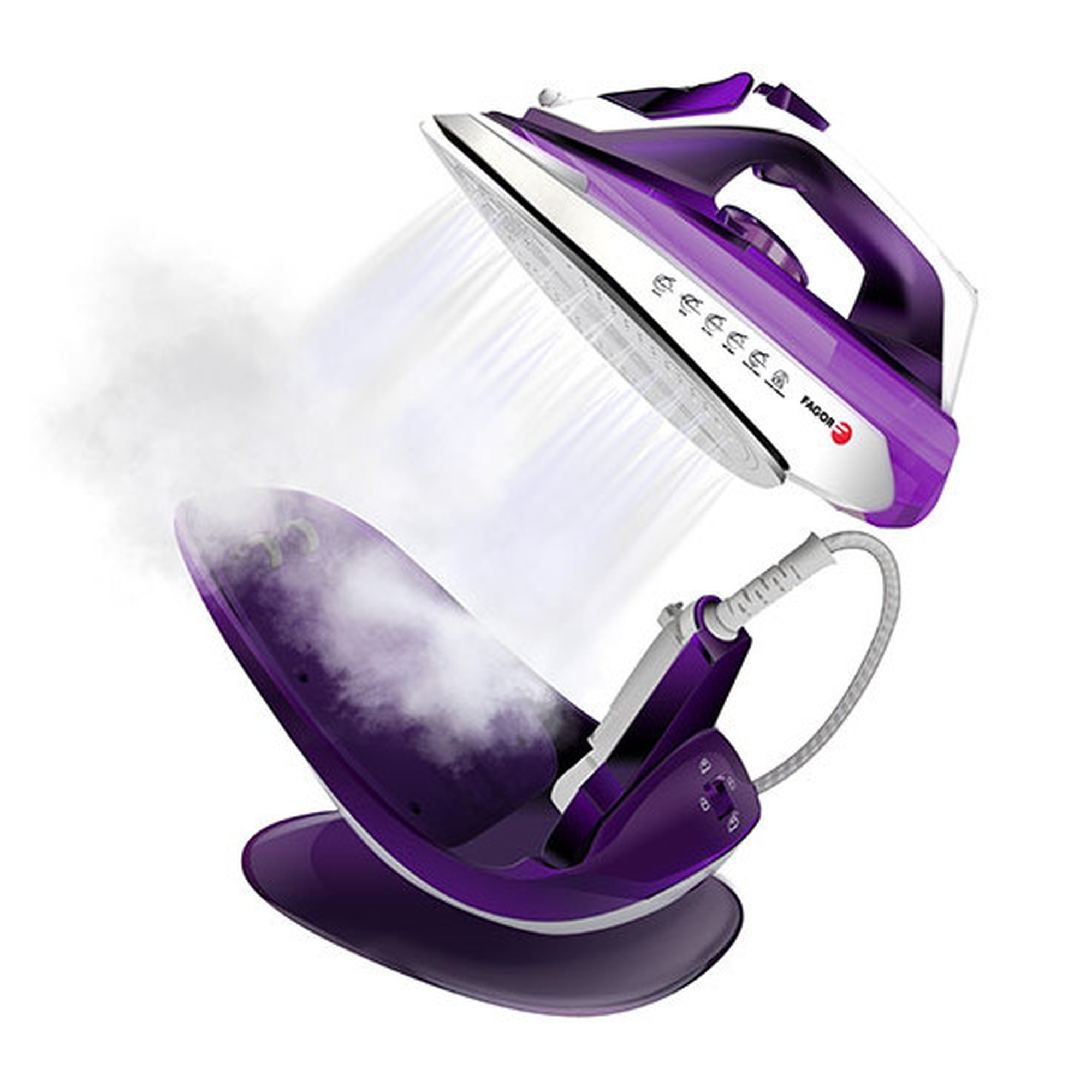 Plancha morada y blanca con vapor. Está sobre una base morada. Sale vapor.