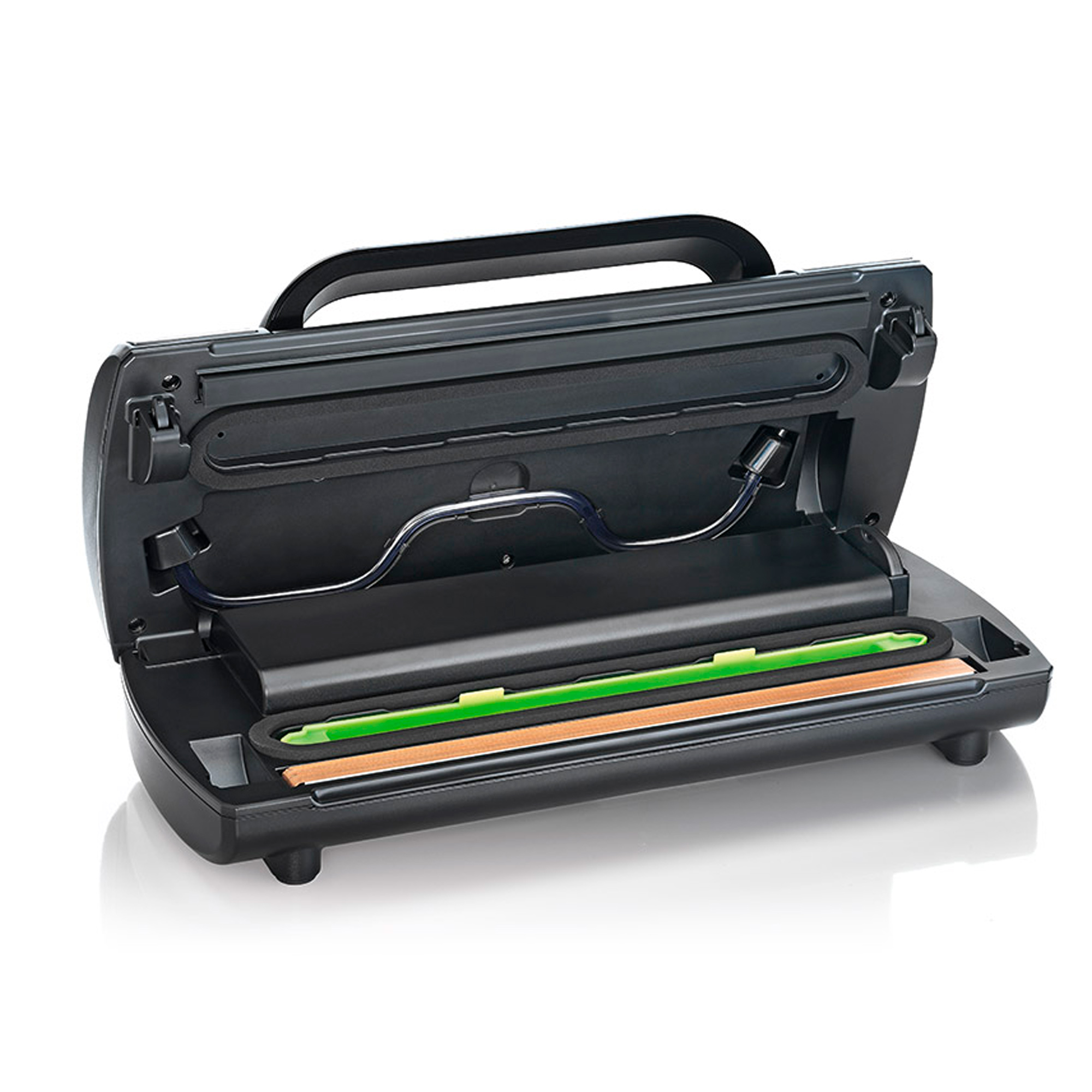 Otwarta czarna zgrzewarka próżniowa do żywności z widocznymi zielonymi i pomarańczowymi uszczelkami.