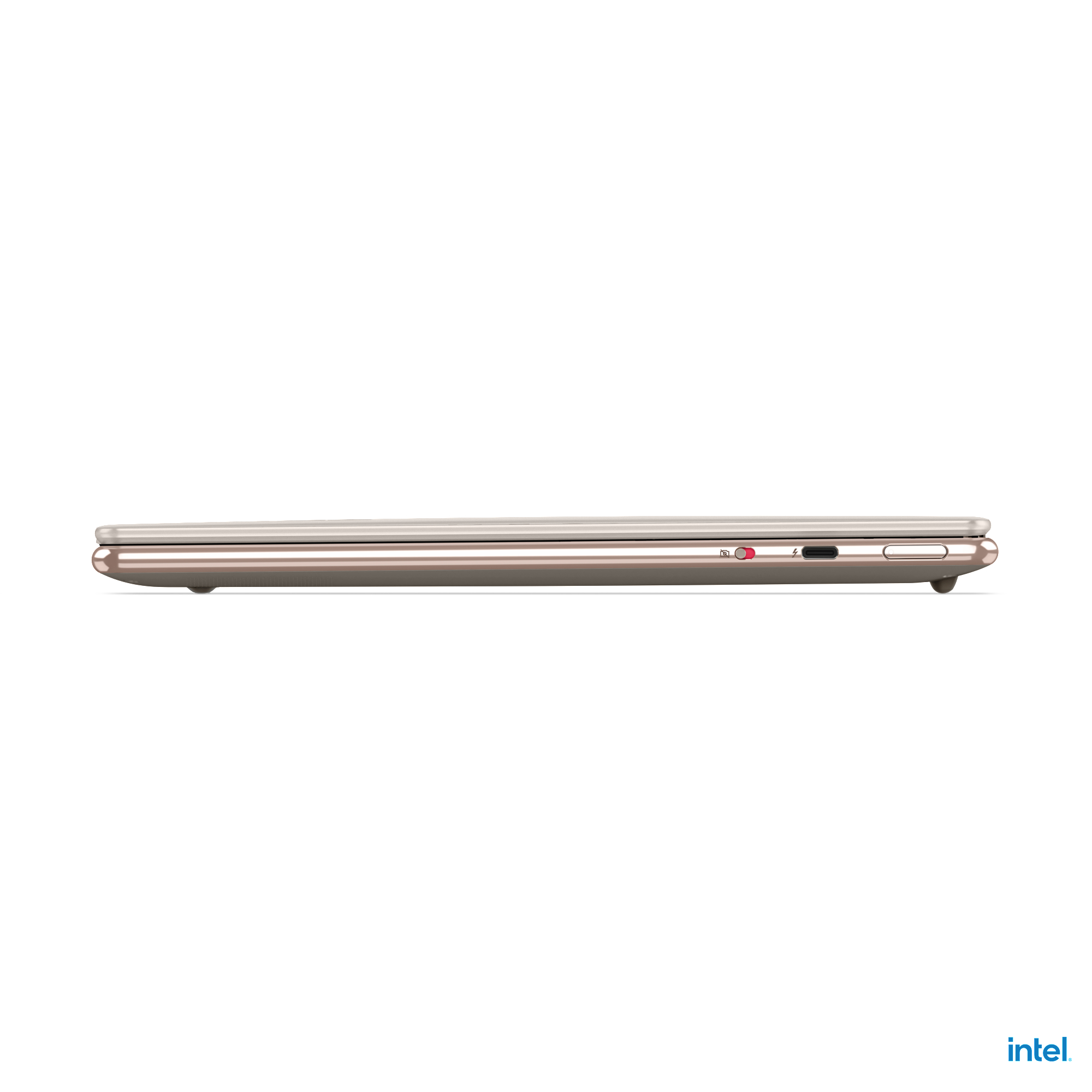 Seitenansicht eines geschlossenen Laptops. Es hat ein Silber- und Goldfarbschema. Das Intel-Logo ist unten.