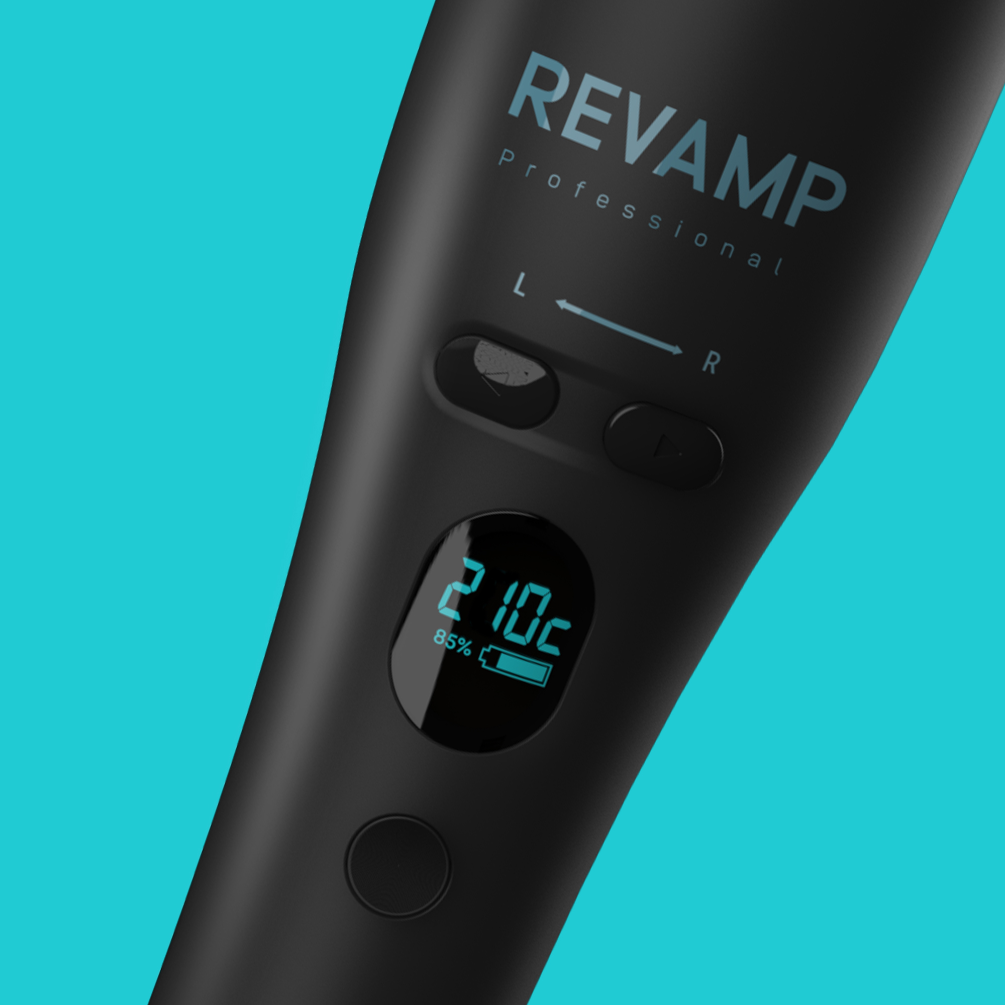 Strumento per lo styling dei capelli nero con display LCD. Mostra temperatura e durata della batteria.