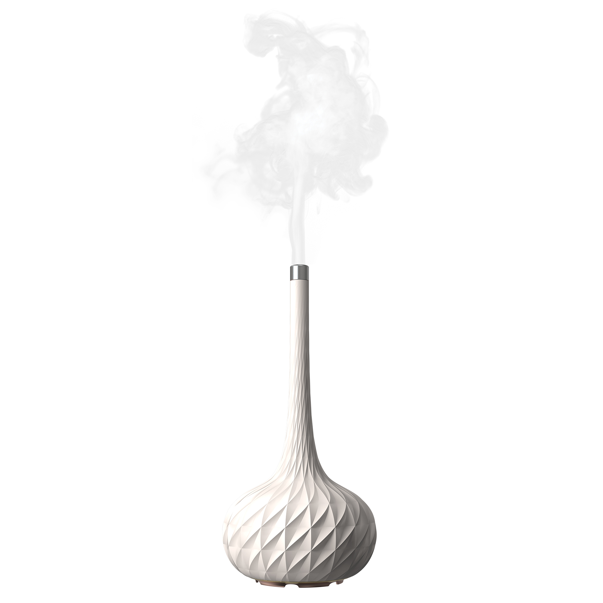 Diffusore per aromaterapia bianco, a forma di vaso, con fumo che emana dalla sommità.