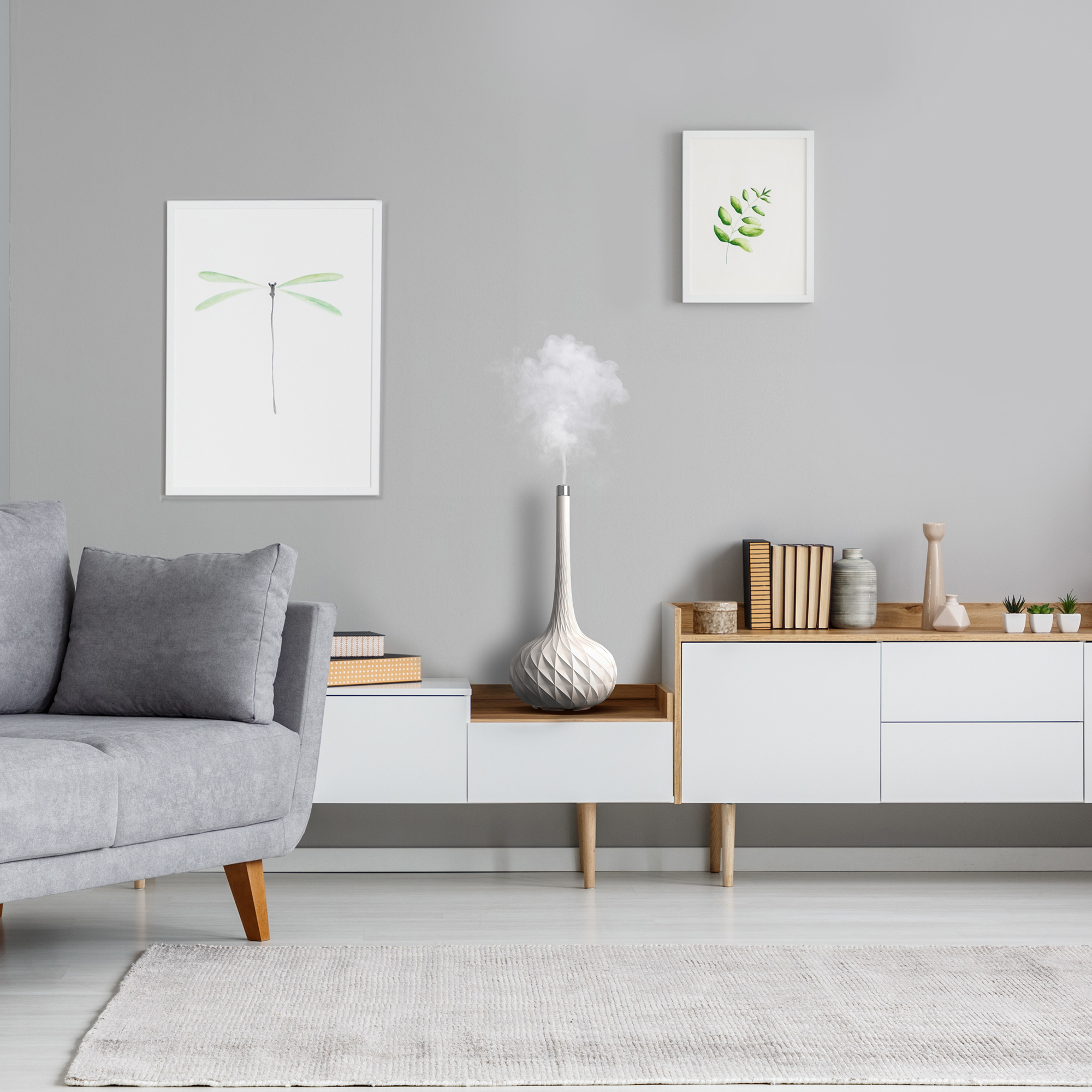 Scena di soggiorno con divano grigio, mobile bianco e due opere d'arte incorniciate sulla parete.