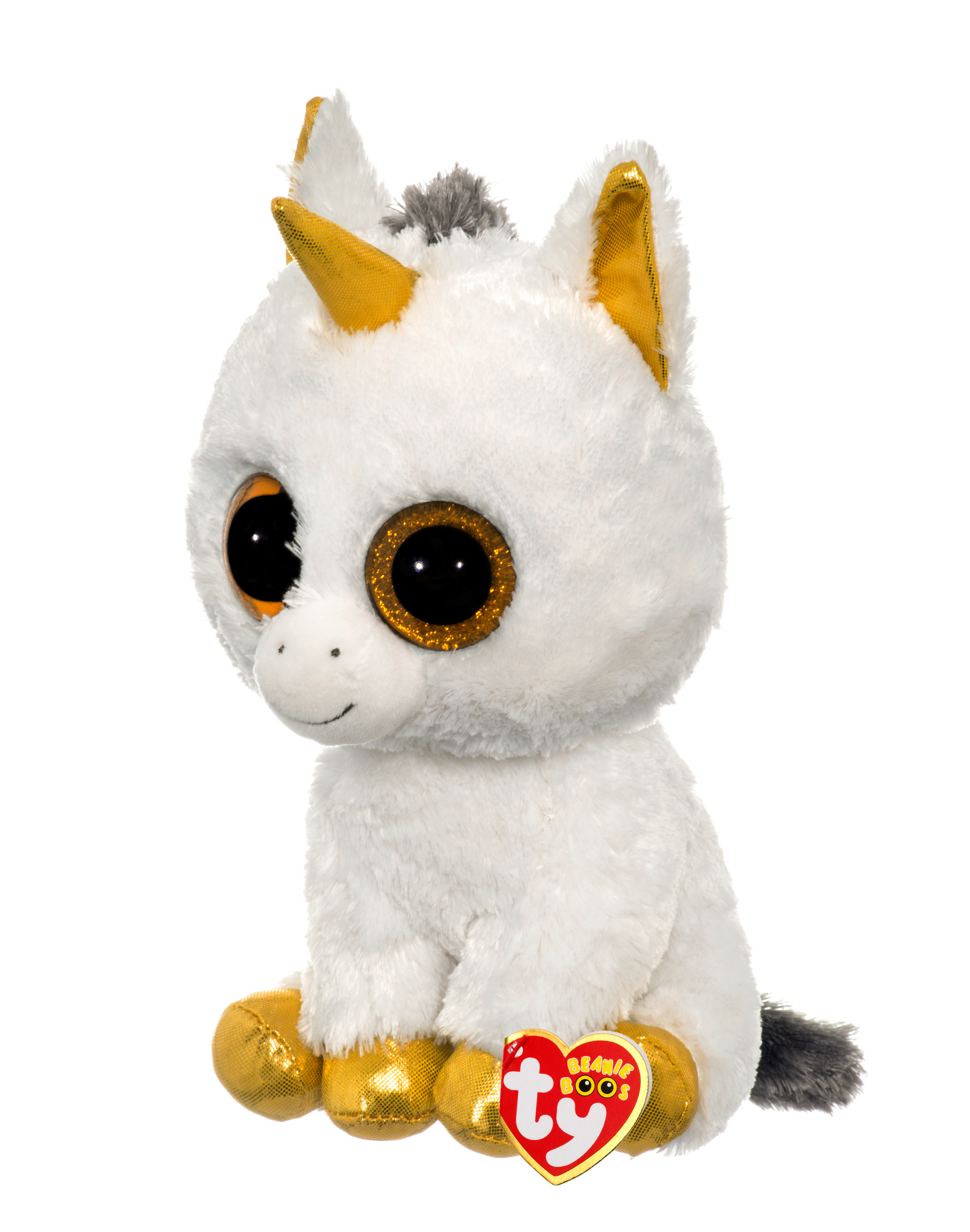 White unicorn plush toy with golden accents, and a red heart tag. White background.