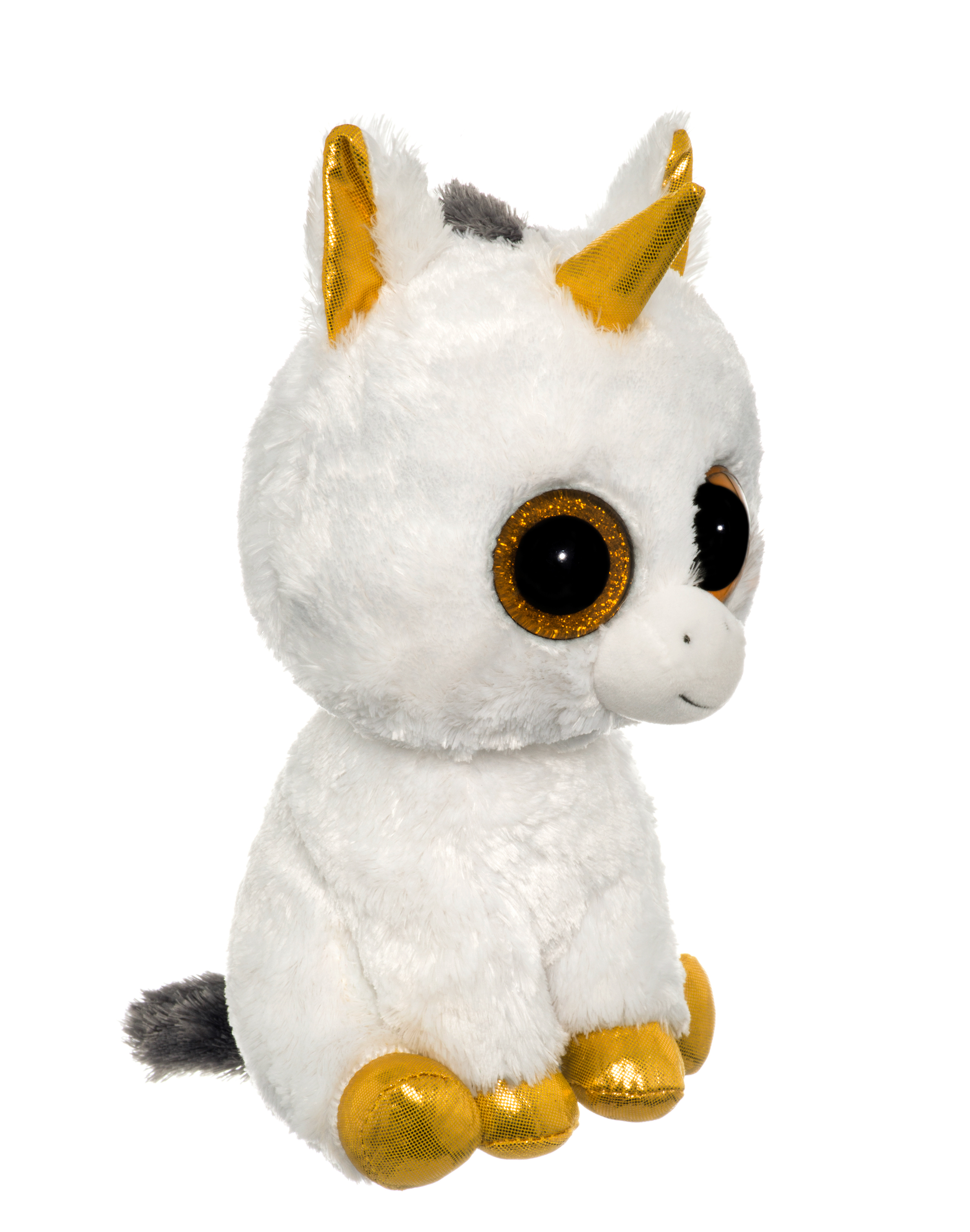 A white unicorn stuffed animal with golden horns and glittery eyes.