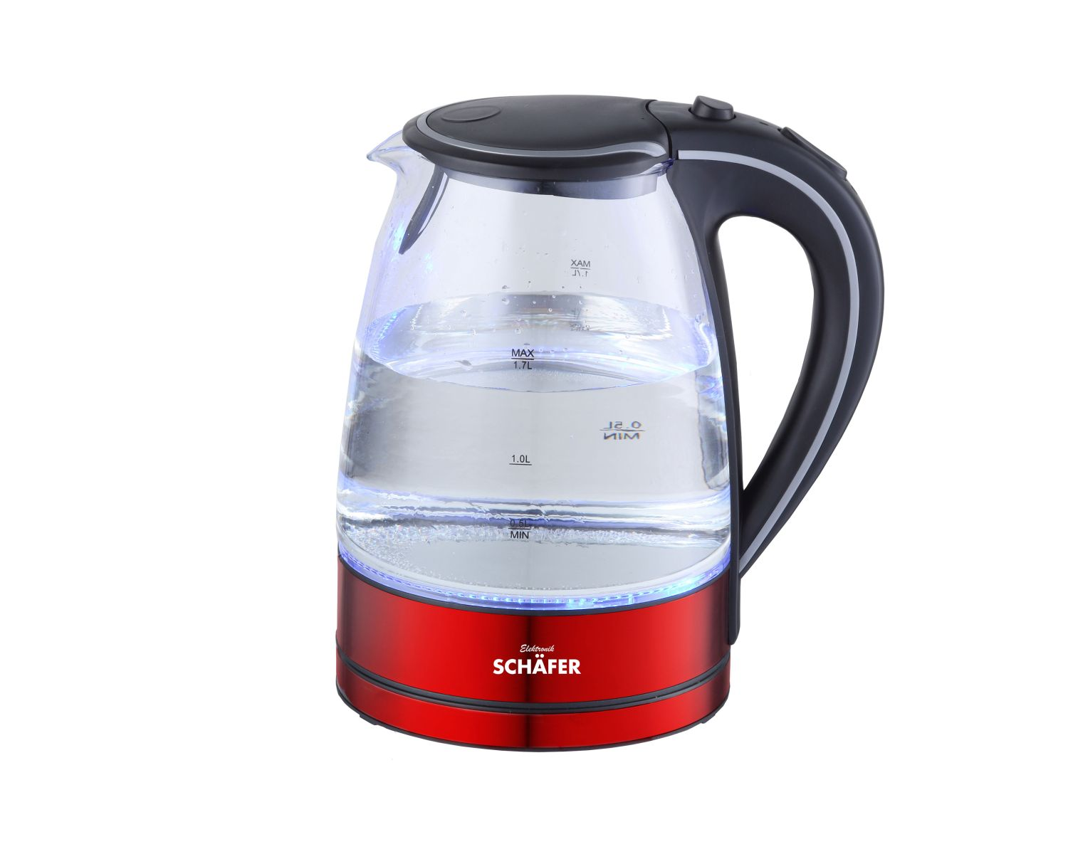 Ein Glaskessel mit rotem Sockel, gefüllt mit Wasser. Er hat einen schwarzen Griff und Deckel. Die Marke ist Schafer.