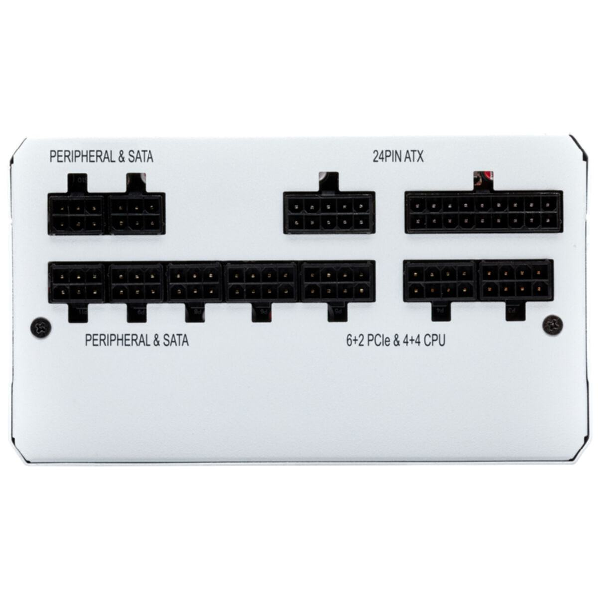 Alimentatore bianco con connettori per periferiche e 24PIN ATX. Connettori neri.