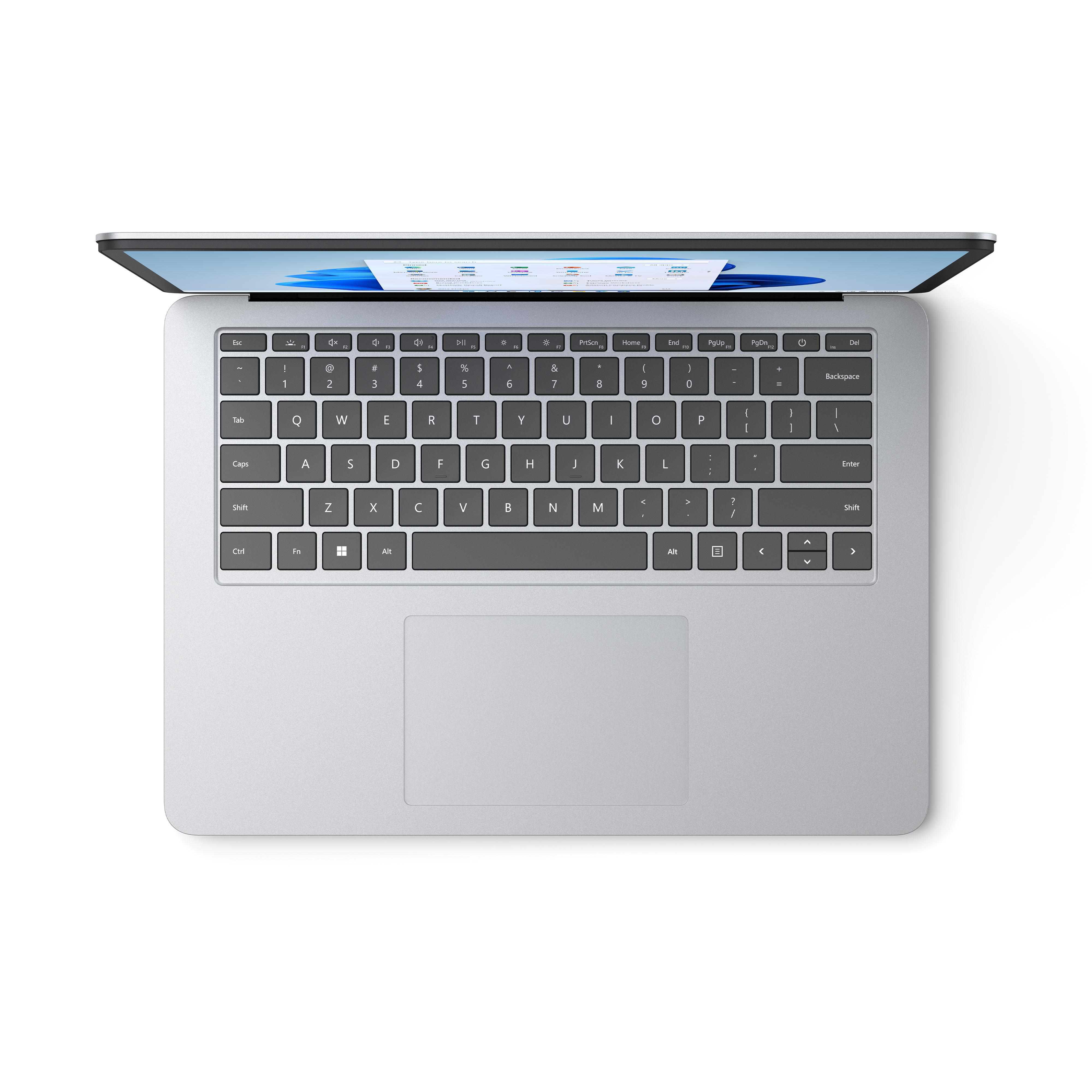 Silberner Laptop mit Tastatur, Trackpad und offenem Bildschirm.