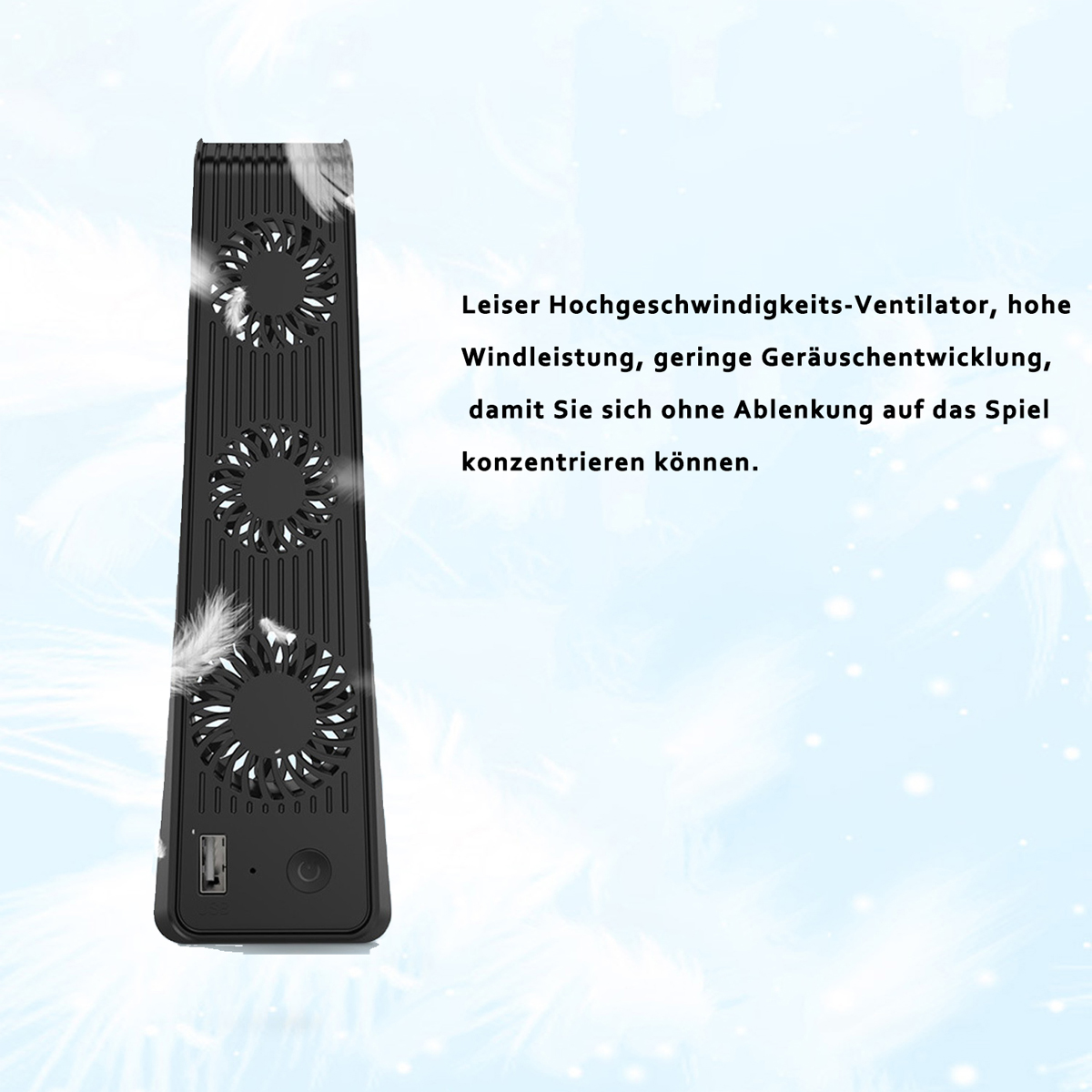 Schwarzer Lüfter mit drei Lüftern, Text rechts, weiße Federn.