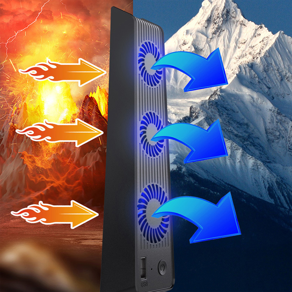 PS5 z wentylatorem chłodzącym i tłem wulkanu i gór.