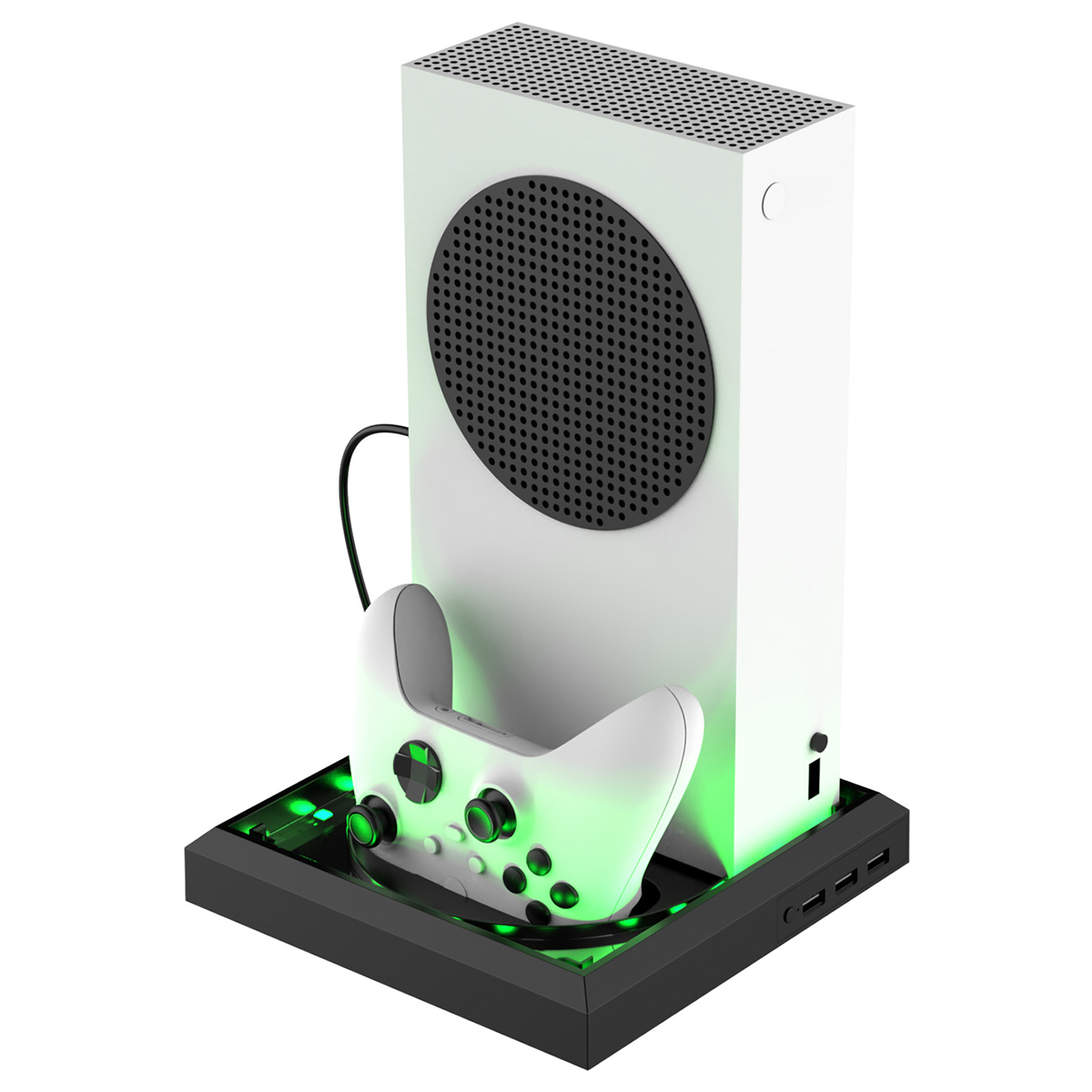 Weiße Xbox Series S Konsole. Controller und Ladestation mit grünem Licht.