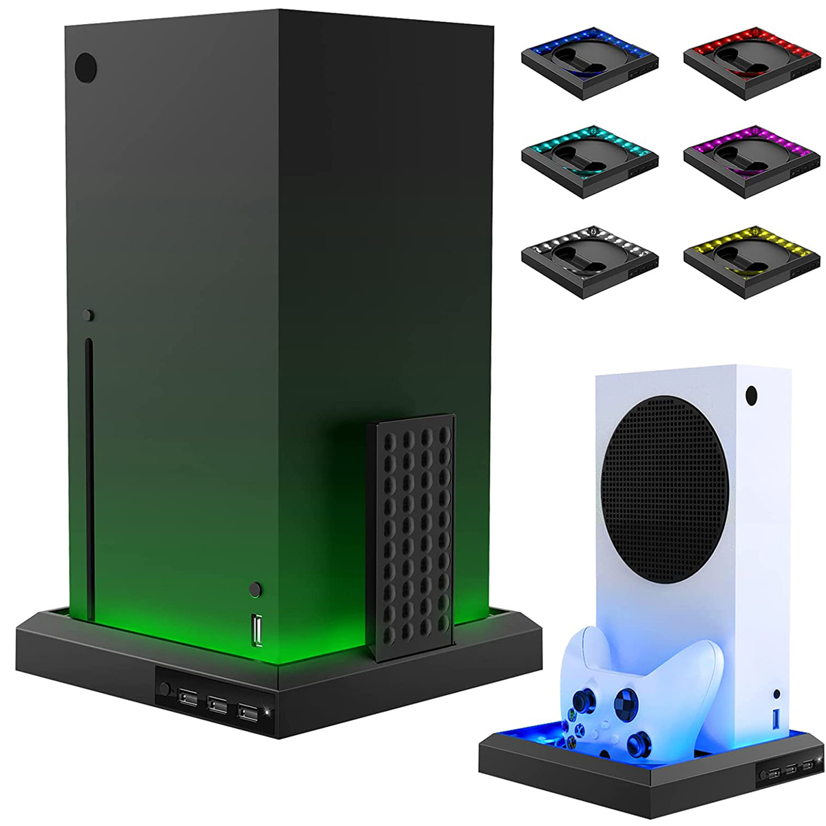 Xbox Series X Konsole mit weißer Series S und farbigen Controller-Ständern.